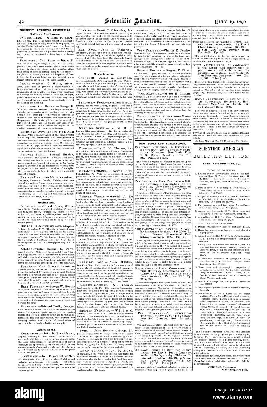 Récemment les inventions brevetées. Appareils de fer. Mécanique. Agricole. Divers. Nouvelles ET PUBLICATIONS DES MALAPPRIS., Scientific American, 1890-07-11 Banque D'Images