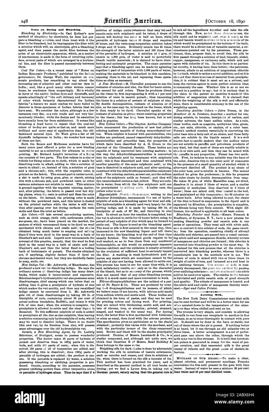 18 octobre 1890 Notes sur la teinture et le blanchiment au peroxyde d'hydrogène. ou seul. Ainsi, il dit que si un brevet allemand dit calmement que la règle générale est l'aération du lait. l'eau de chaux et 80  % de l'eau distillée., Scientific American, 1890-10-18 Banque D'Images