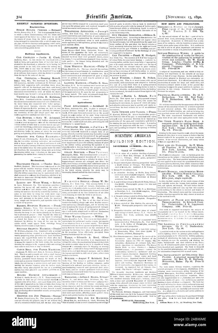 De NOUVELLES PUBLICATIONS ET DES MALAPPRIS. Récemment les inventions brevetées. L'ingénierie. Agricole. Divers., Scientific American, 1890-11-11 Banque D'Images