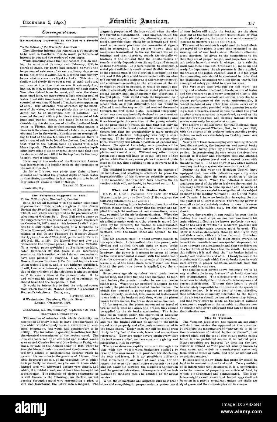 Orresponbence. La dépression extraordinaire dans le lit d'une rivière de la Floride. Le téléphone a suggéré en 1854. LATIMER CLARK. La téléphonie électrique. Quand et pourquoi les freins à air d'échouer. Au Vermont. Oleo, Scientific American, 1890-12-06 Banque D'Images