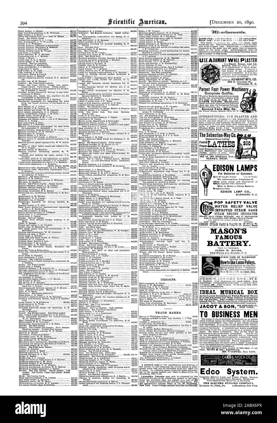 Utiliser le plâtre mur catégorique c'est dur et dense annonce 309 E. Genesee St. Syracuse. N. Y. Machines d'alimentation Pied Brevets Seneca Falls Mfg Co. STÉRÉOTYPE ; le plâtre et le Sebastian-May TOURS SIDNEY OHIO. Co. Les lampes EDISON pour des batteries ou des dynamos. EDISON LAMP CO. HARRISON N. J. POP SOUPAPE DE SÉCURITÉ LA SOUPAPE DE DÉCHARGE DE L'EAU AMÉLIORATION DE LA MACHINE À VAPEUR MACHINE À VAPEUR GAGE INDIOATOR NEW YORK. Londres. CROSBY VALVE VAPEUR GAGE &C IL Xniall.MASON'S CÉLÈBRE BATTERIE., Scientific American, 1890-12-11 Banque D'Images