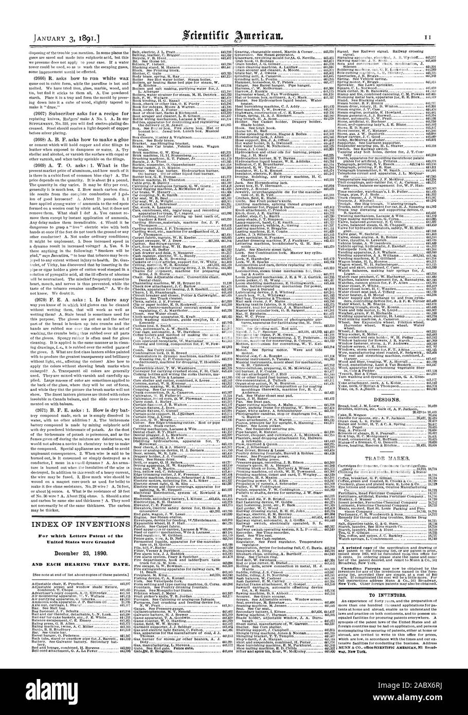 INDEX DES INVENTIONS pour lesquelles Lettres patentes de l'United States ont été octroyées le 23 décembre 1890. Et chaque roulement CETTE DATE. Pour les inventeurs. façon. New York., Scientific American, 1891-01-11 Banque D'Images