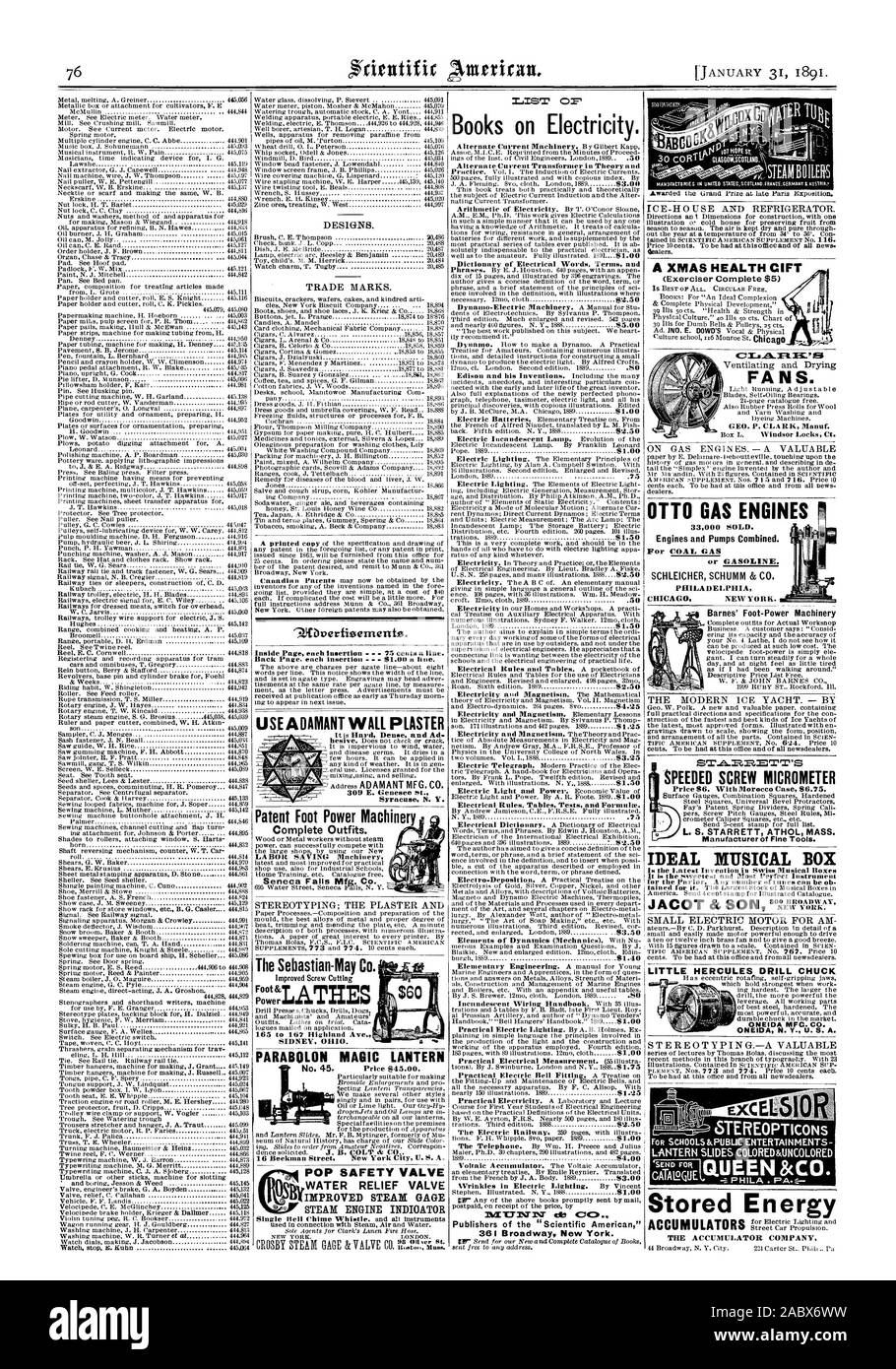 Page intérieure chaque insertion 75 cents la ligne. Retour Page. chaque insertion 1,00 $ par ligne. Mur de plâtre à PARABOLON ADAMANT Utiliser Magic Lantern 16 Beekman Street New York City U. S. A. SOUPAPE DE SÉCURITÉ POP MACHINE À VAPEUR INDIOATOR =1er de livres sur l'électricité. Transformateur de courant alternatif en théorie et de dictionnaire de termes et mots électriques tableaux électriques Tests et Formalm les règles. MUET.T1V1V- xft 30 CORI J-. CIASGOWITIAND''''' eaters. Boîte à musique idéal est la dernière invention de boîtes à musique suisses PEU MANDRIN HERCULES WC ONEIDA. CO. l'énergie emmagasinée l'accumulateur à l'entreprise qu'elle est dense et dur annonce Banque D'Images
