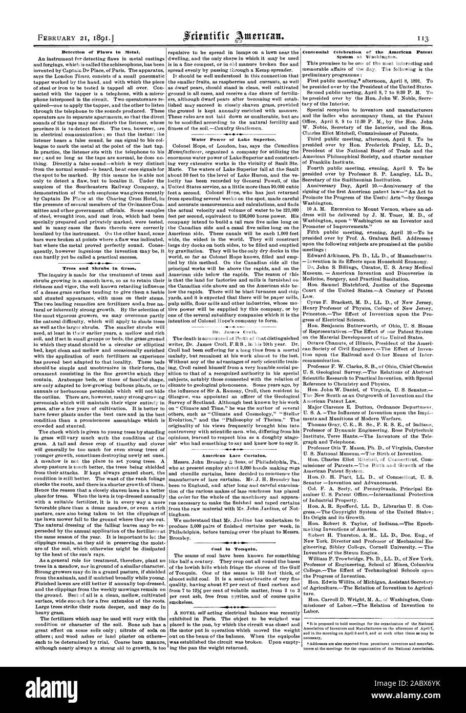 Détection de défauts dans le métal. Arbres et arbustes dans l'herbe. 4 La puissance de l'eau du lac Supérieur. Le Dr James Croll. American des rideaux de dentelle. Charbon Dans Tonquin. moi 40 II Centenaire du système des brevets américains à Washington., Scientific American, 1891-02-21 Banque D'Images