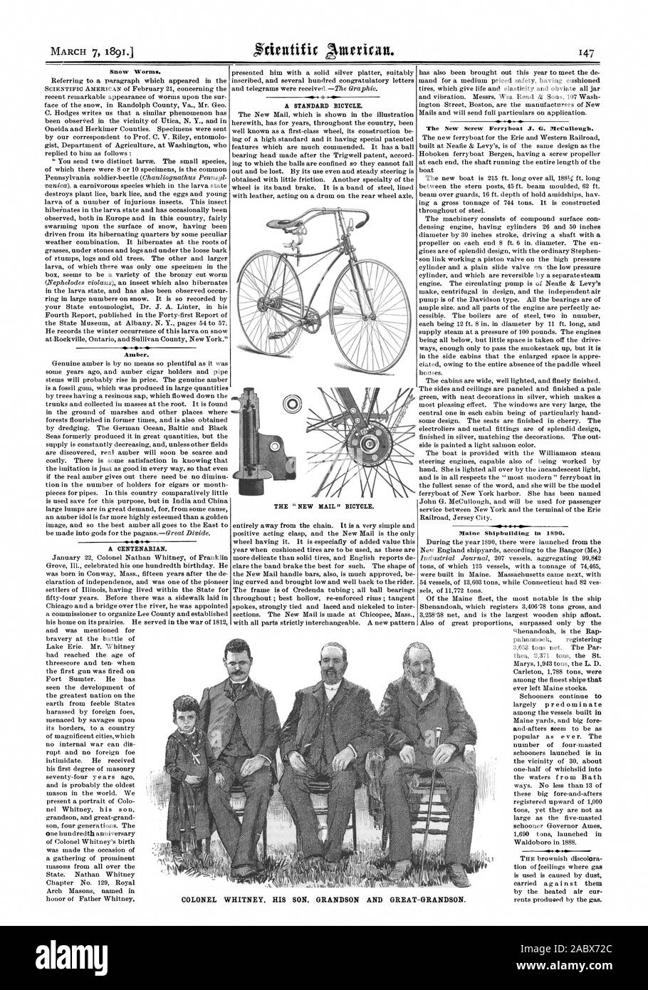 Les vers de la neige. Ambre. Un centenaire. Un vélo standard. Le 'NOUVEAU' vélo. Plaine de la construction navale au 1890. Le colonel WHITNEY SON FILS, petit-fils et arrière, Scientific American, 1891-03-07 Banque D'Images