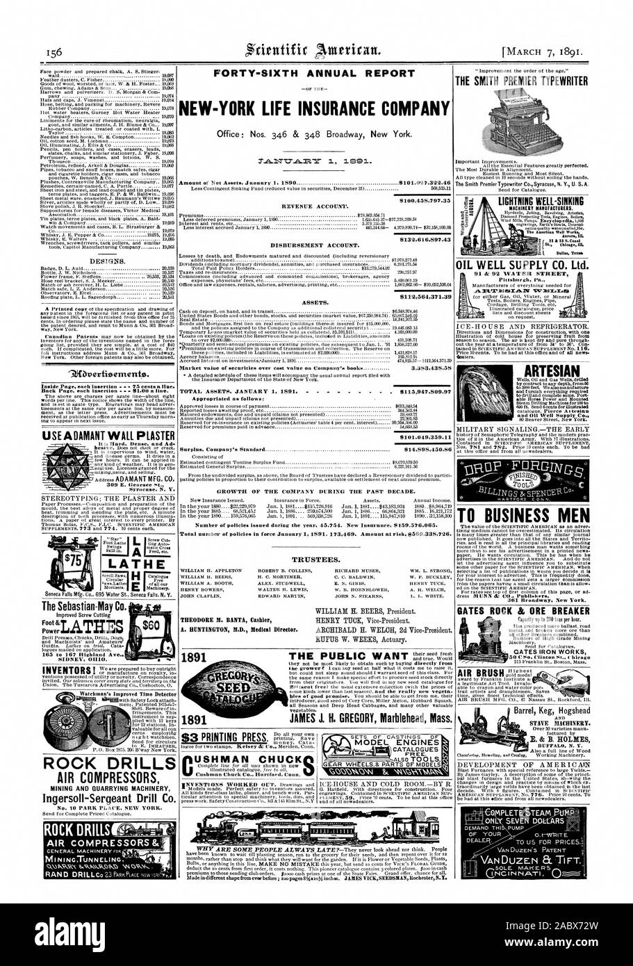 Quarante-SIXIÈME RAPPORT ANNUEL NEW-YORK LIFE INSURANCE COMPANY Office : nos 346 & 348 Broadway New York. 0'41.1 TT-7A.MON 11891. 100458797.35 $ COMPTE DE PRODUITS. 6132616897.43 2564371.39 $ ACTIFS. Valeur de marché des titres au coût valeur sur les livres de la société Total de l'actif 1 JANVIER 1891 3383438.58 5947809.97 $ 101049359 $. Croissance de l'ENTREPRISE AU COURS DE LA DERNIÈRE DÉCENNIE. Nombre de polices émises au cours de l'année. 45754. Nouvelle assurance $159576065. Les fiduciaires. Théodore II. Caissier BANTA A. HUNTINGTON M.D. Directeur médical. Je JAMES H. GREGORY Marblehead Mass. LE PUBLIC VEUT WILLIAM H. BEERS HENRY TUCK Banque D'Images