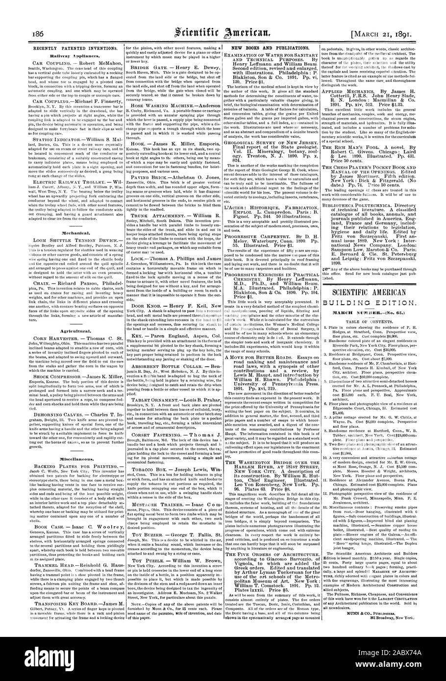 INVENTIONS BREVETÉES. Récemment, Scientific American, 1891-03-11 Banque D'Images