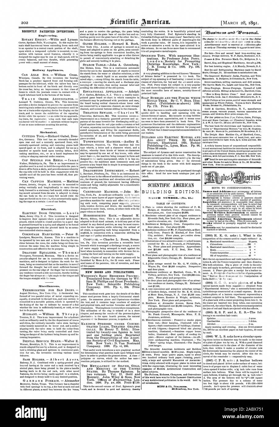 Récemment les inventions brevetées. L'ingénierie. Nouveaux LIVRES ET PUBLICATIONS., Scientific American, 1891-03-11 Banque D'Images