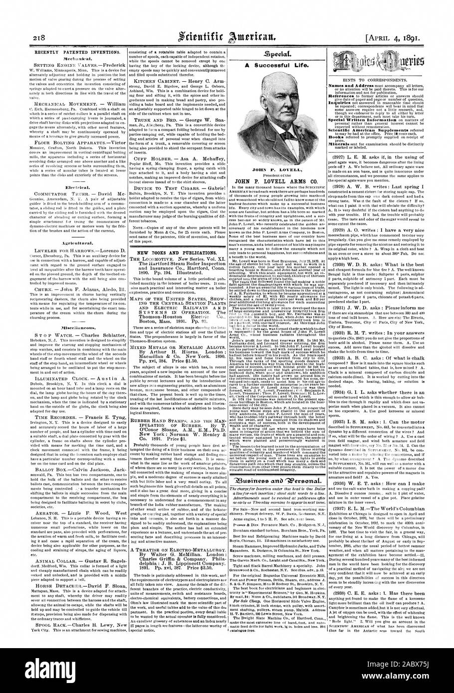 Récemment les inventions brevetées. Tipeciat. JOHN P. LOVELL ARMS CO., Scientific American, 1891-04-11 Banque D'Images