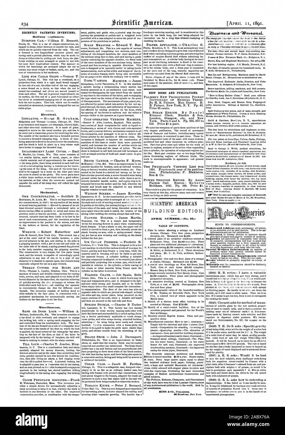 Récemment les inventions brevetées. Nouveaux LIVRES ET PUBLICATIONS., Scientific American, 1891-0 Banque D'Images