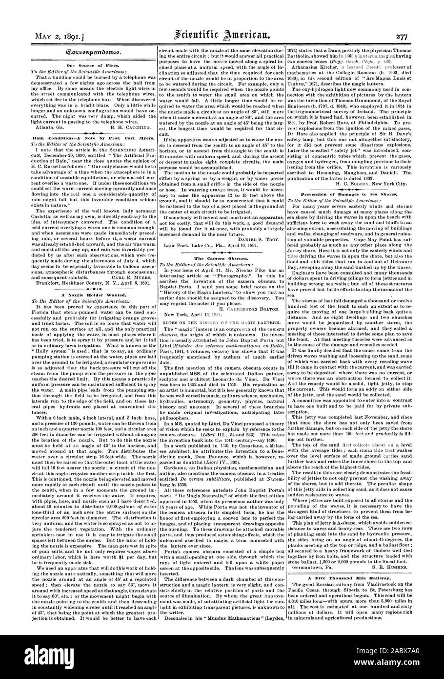 Une source d'incendies. Conditions de pluie une note par le professeur Carl Myers. Un porte-buse voulait. DANIEL S. TROY. La Camera Obscura. NOTES SUR L'HISTOIRE DE LA LANTERNE MAGIQUE. Prévention des dommages aux rives de la mer. Un chemin de fer de cinq mille milles., Scientific American, 1891-05-02 Banque D'Images