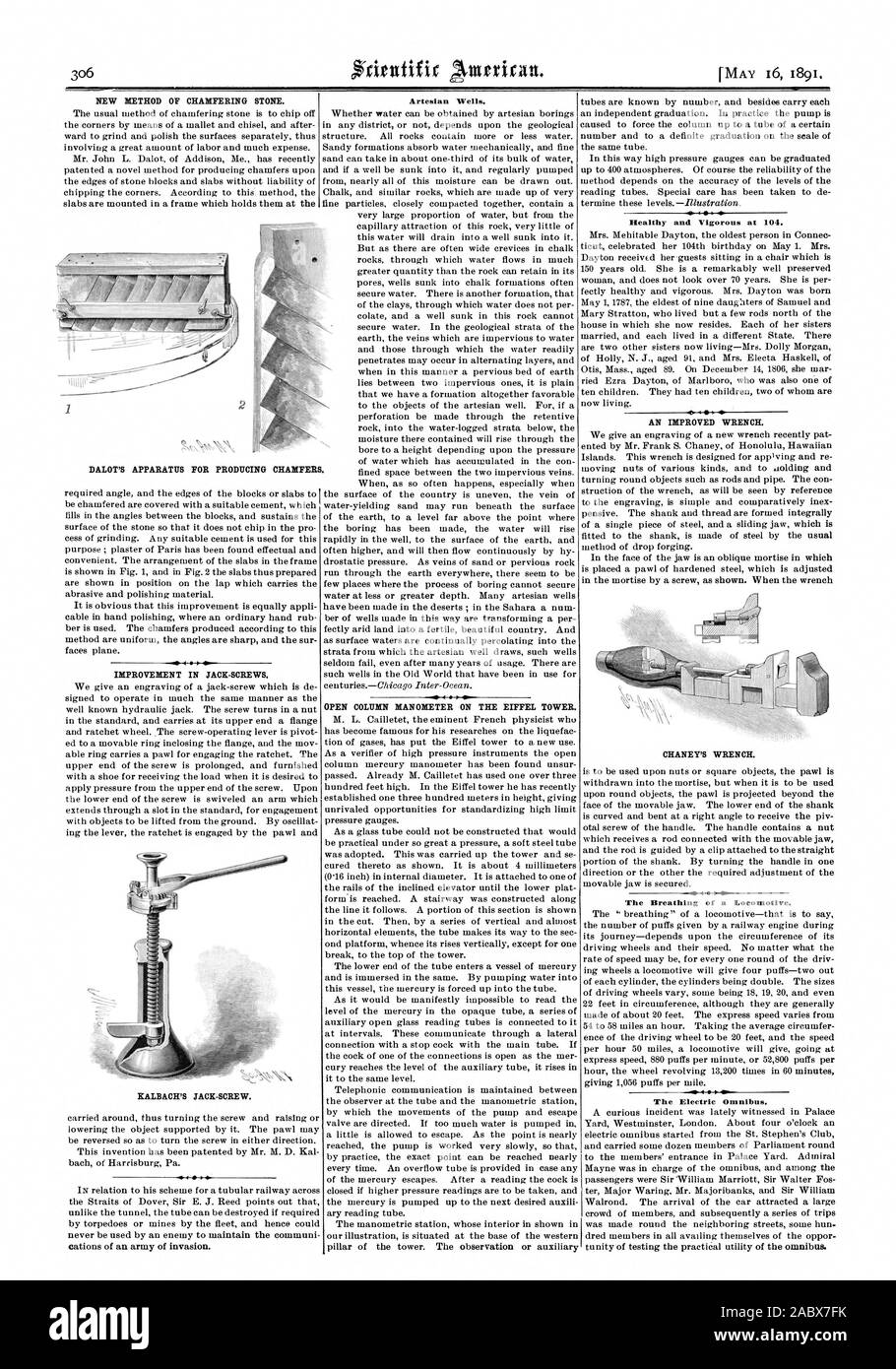 Nouvelle méthode de Pierre le biseautage. Les puits artésiens. Manomètre COLONNE OUVERTE SUR LA TOUR EIFFEL. Santé et de la vigueur à 104. L'amélioration de la clé. CHANEY'S CLÉ. La respiration d'une locomotive. L'Omnibus électrique. Les APPAREILS POUR LA PRODUCTION DE DALOT. chanfreins, Scientific American, 1891-05-16 Banque D'Images