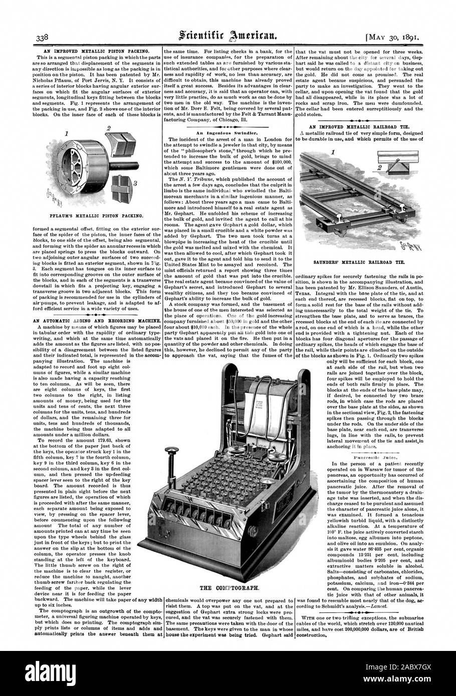 L'AMÉLIORATION DE LA GARNITURE métallique. PFLAUM'S JOINT DE PISTON métallique. Un AJOUT AUTOMATIQUE ET L'ENREGISTREMENT DE LA MACHINE. Un ingénieux escroc. chambre l'expérience a été jugé. Gephart a déclaré qu'une amélioration de la traverse de chemin de fer métallique. SAUNDERS traverse de chemin de fer métallique. 4 suc pancréatique. 4-0 Le COMPTOGRAPH., Scientific American, 1891-05-30 Banque D'Images