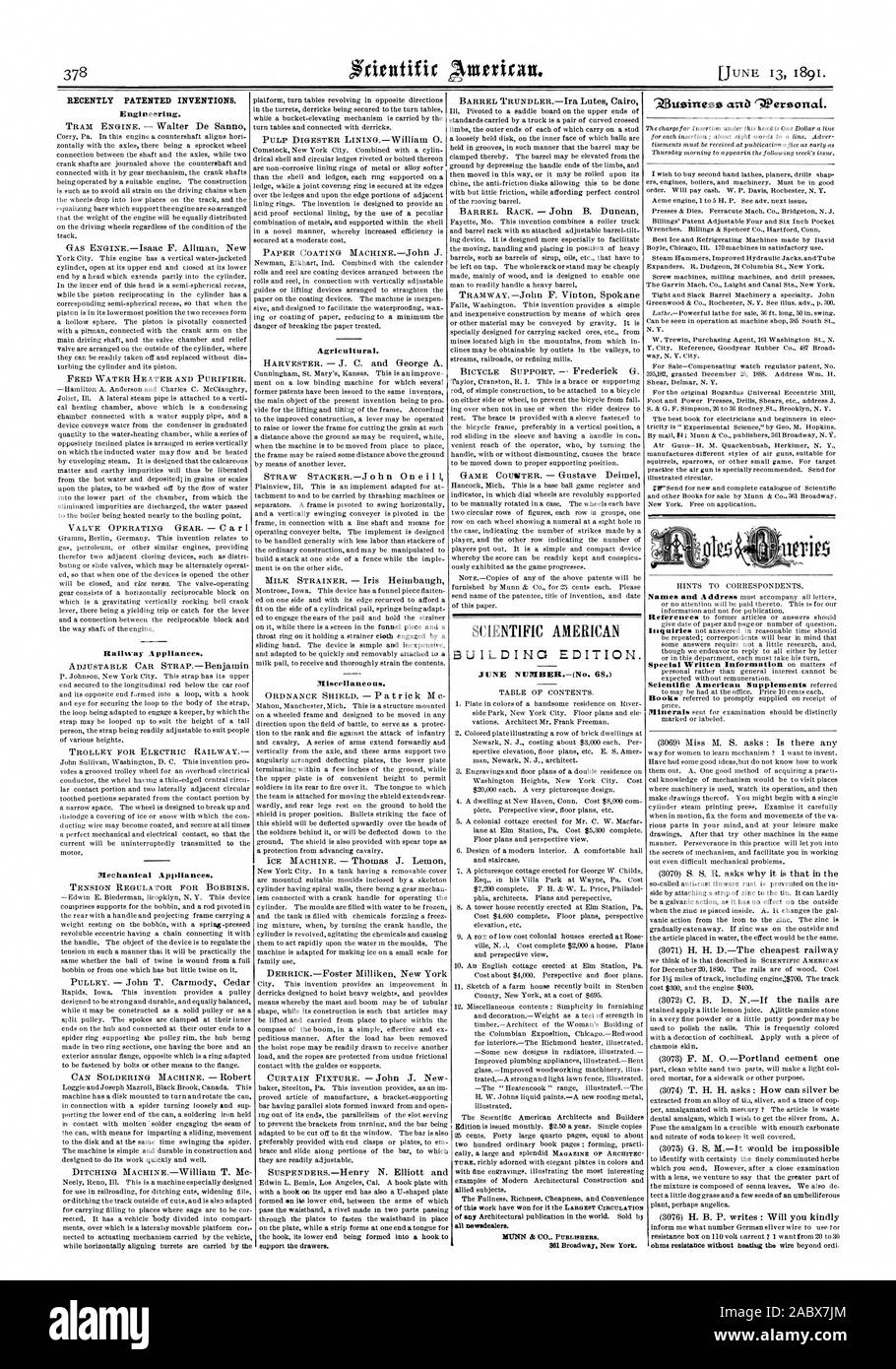 Récemment les inventions brevetées. L'ingénierie. Agricole. Divers. Numéro de juin (n. 68.) tous les marchands de journaux., Scientific American, 1891-06-11 Banque D'Images