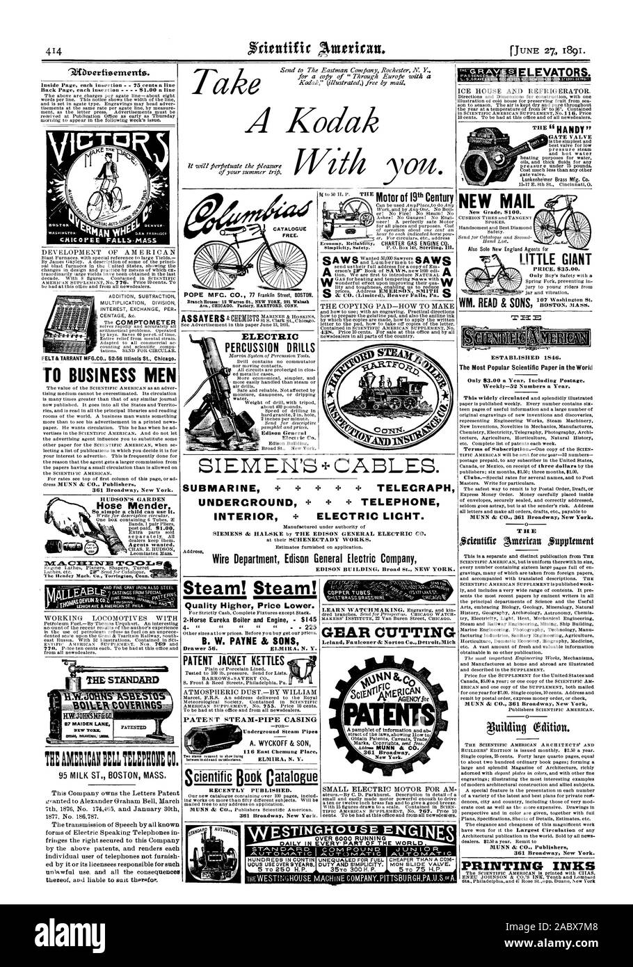 Prendre un Kodak avec vous. Les hommes d'affaires à la vapeur ! La vapeur ! Prix supérieur de qualité inférieure. Eureka 2 Chevaux moteur et Chaudière - $145 56 tiroirs. ELMIRA N. Y. VESTE BREVET Brevet bouilloires-vapeur souterrain tubage tuyau tuyaux à vapeur A. WYCKOFF & FILS 6 Place Chemung est publié récemment. 361 Broadway New York. A : CO. (Limited) Beaver Falls Pa. (OP de New York. Créé en 1846. Document scientifique les plus populaires dans le monde chaque semaine-5'2 numéros par an. MUNN & CO. 361 Broadway New York. T H E MUNN & CO. 361 Broadway New York MUNN & CIE Éditeurs 361 Broadway New York. Les encres d'361 Broadway New York. L'HUDSON Banque D'Images