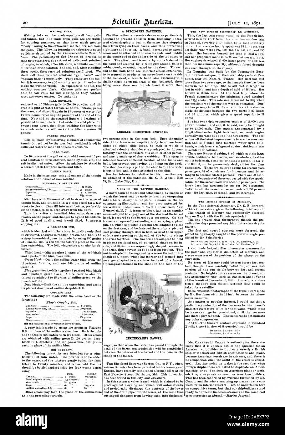 Les encres d'écriture. 41. Les nouveaux navires à vapeur La Totwaine français. La récente. Plercury ot Transit, Scientific American, 1891-07-11 Banque D'Images