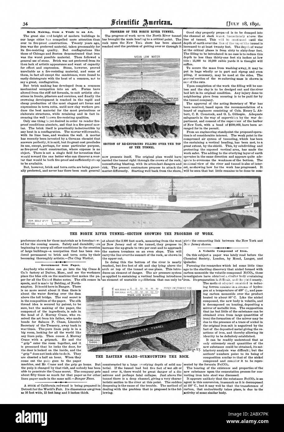 La fabrication de briques à partir d'un échange d'un article d'AVANCEMENT DE LA RIVIÈRE DU NORD DU TUNNEL. L'ARTICLE DE L'APPLICATION DE LA GARNITURE SUR LE DESSUS DU TUNNEL. Gouvernement note papier. compensée par une grande profondeur au-dessus de ma solide terial. Si le tunnel avait mais cinq pieds de limon humide ou mugissant. Un composé volatil de fer à repasser. LIPIESTEAMSHIP FRANÇAIS DE L'EAU FAIBLE MOYENNE PIER c c'est le grade-surmontant le rock., Scientific American, 1891-07-18 Banque D'Images