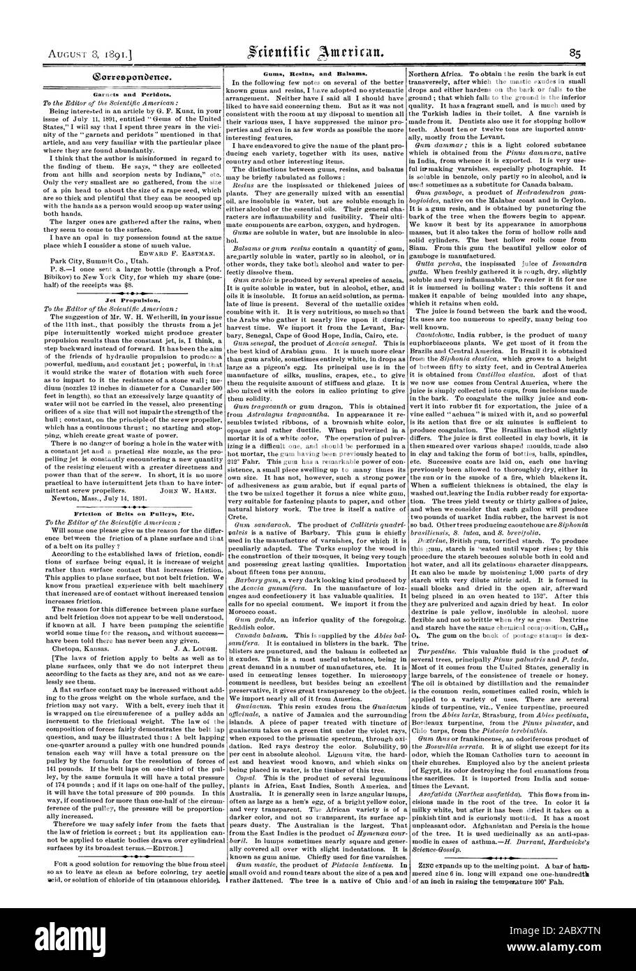 Les grenats et des Péridots. La propulsion à réaction. La Friction des courroies sur les poulies Etc. Résines et gommes balsamines., Scientific American, 1891-08-08 Banque D'Images