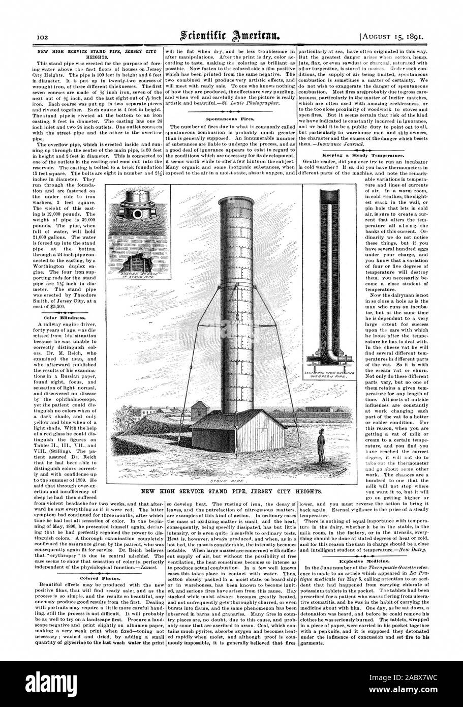 Nouveau service HAUT TUYAU DE SUPPORT JERSEY CITY HEIGHTS. L'achromatopsie. Photos couleur. Les incendies spontanés. Maintenir une température constante. La médecine d'explosifs. Nouveau service haut tuyau de support JERSEY CITY HEIGHTS., Scientific American, 1891-08-15 Banque D'Images