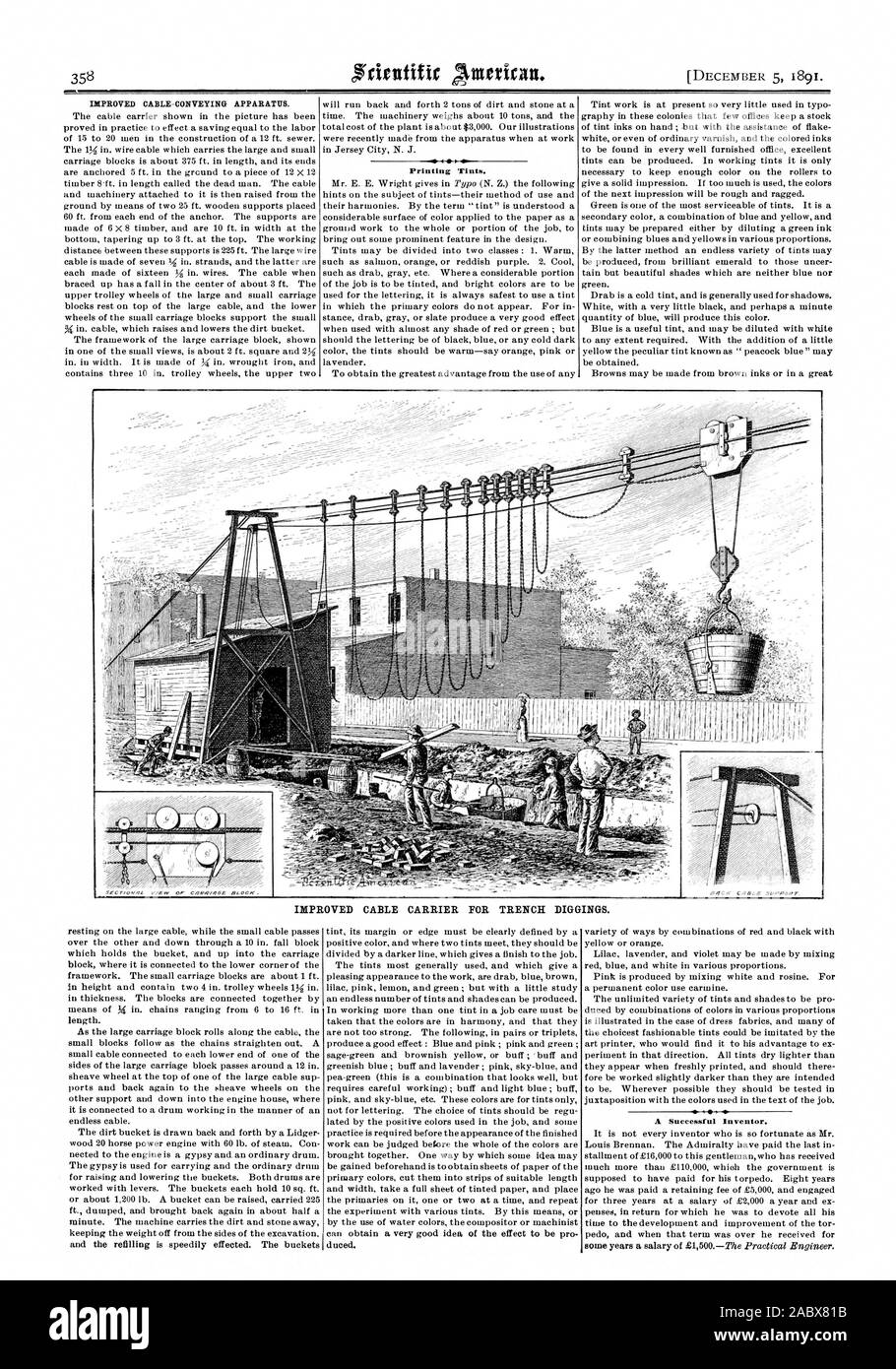 Amélioration de l'APPAREIL DE TRANSPORT PAR CÂBLE. Les teintes d'impression. Porte-câbles améliorée pour les excavations de tranchée. La réussite d'un inventeur., Scientific American, 1891-12-05 Banque D'Images
