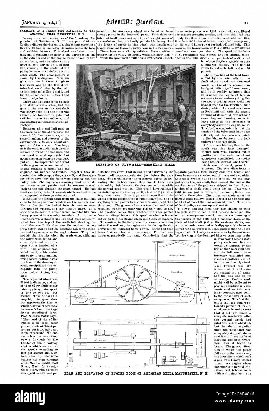 Rupture d'une trentaine de pieds DE VOLANT-MOTEUR AU PLAN ET L'ÉLÉVATION DE LA SALLE DES MACHINES D'AMOSKEAG MILLS MANCHESTER N. H., Scientific American, 1892-01-09 Banque D'Images