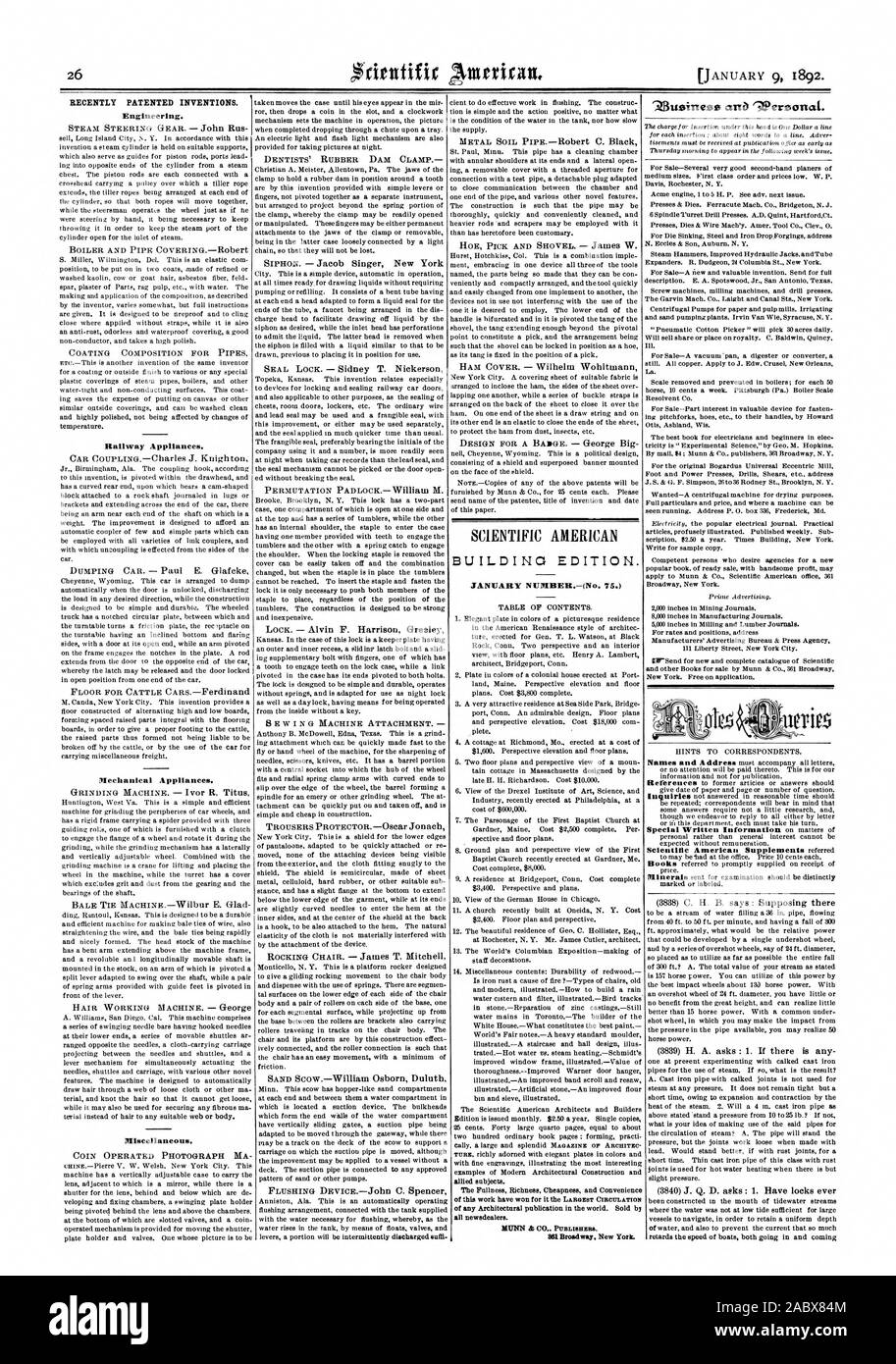 Récemment les inventions brevetées. L'ingénierie. 361 Broadway. New York. 'Z3e monde 'aria. personnels, Scientific American, 1892-01-11 Banque D'Images