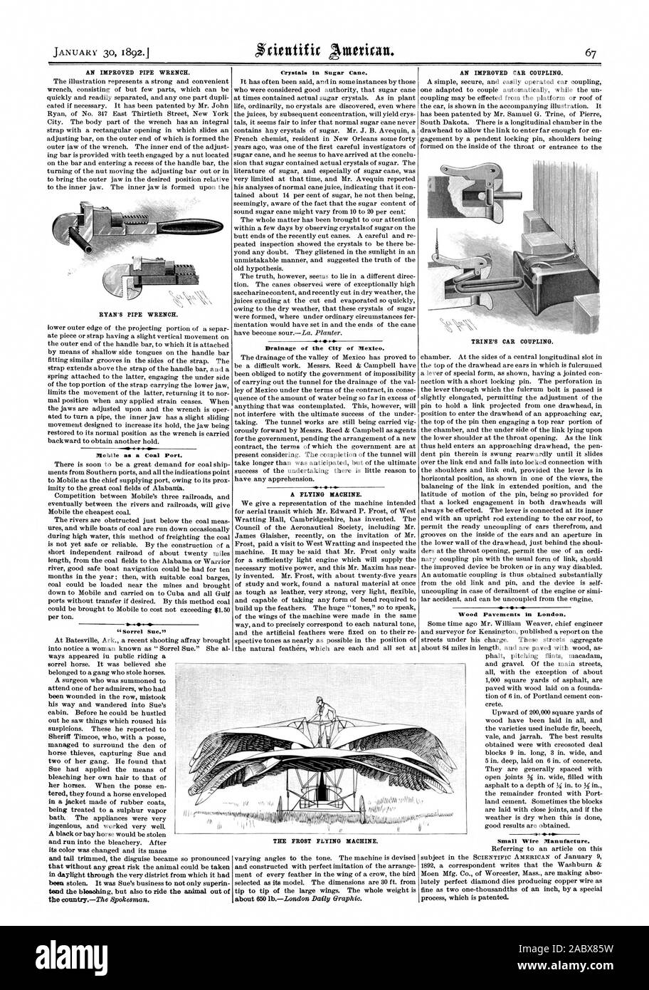 L'amélioration de la clé à tube. RYAN'S CLÉ À TUBE. En tant que port mobile de charbon. 'Sorrel Sue."cristaux dans la canne à sucre. Le drainage de la ville de Mexico. L'AMÉLIORATION DE LA VOITURE D'ATTELAGE. La voiture de TRINE COUPLAGE. Des trottoirs de bois à Londres. Téléphone FROST MACHINE VOLANTE. Petit fil Fabrication., Scientific American, 1892-01-30 Banque D'Images