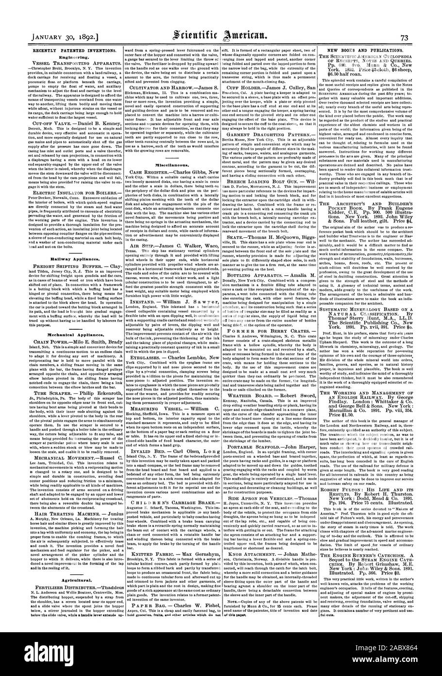 Récemment les inventions brevetées. Appareils de fer. Appareils mécaniques. Agricole. Divers. Nouveaux LIVRES ET PUBLICATIONS., Scientific American, 1892-01-30 Banque D'Images