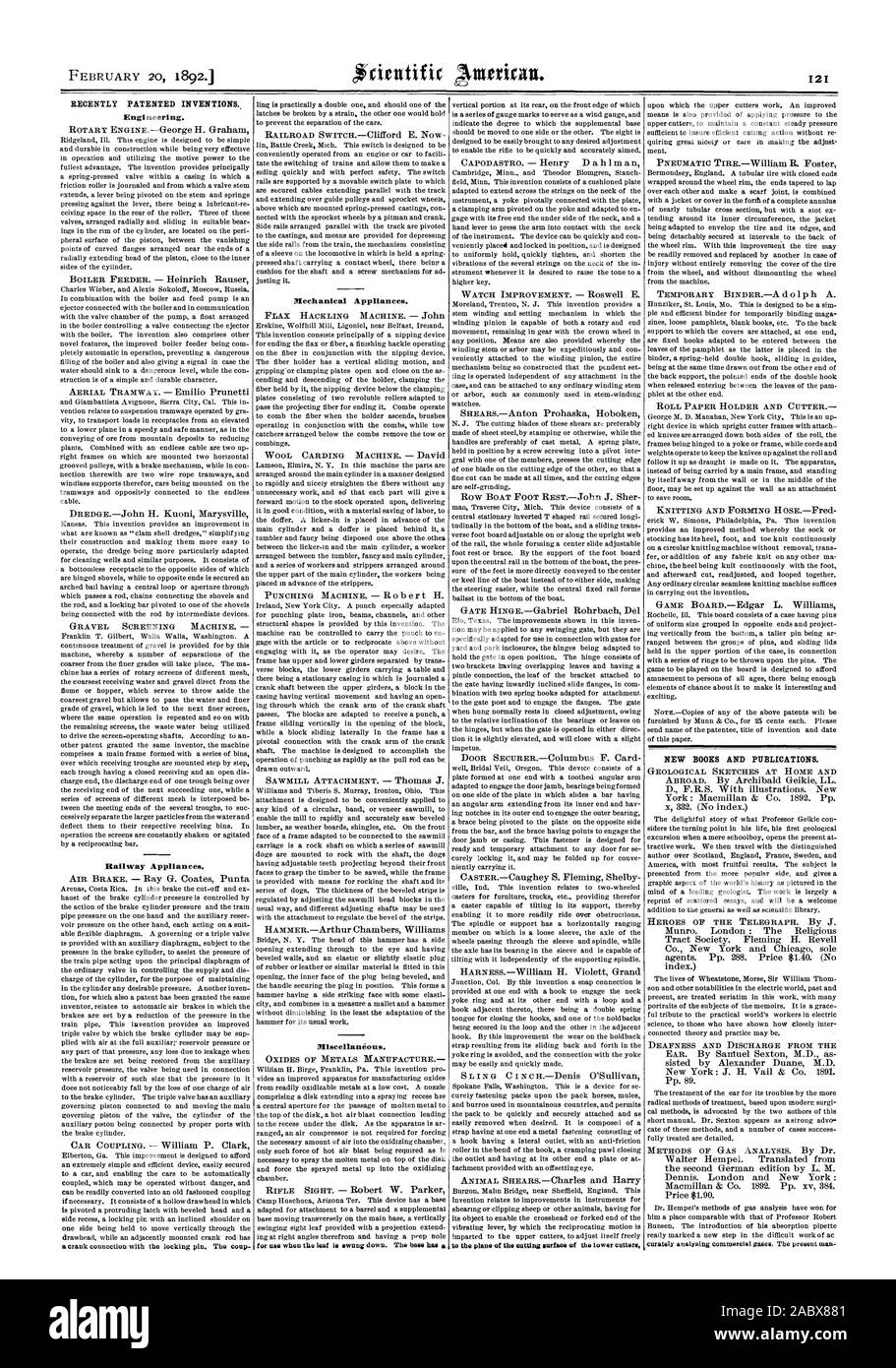 Récemment les inventions brevetées de l'ingénierie. Appareils de fer. Appareils mécaniques. Divers. Nouveaux LIVRES ET PUBLICATIONS., Scientific American, 1892-02-20 Banque D'Images