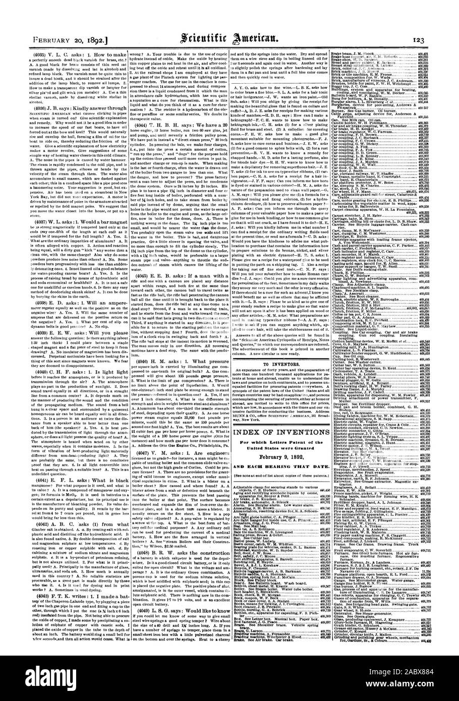 Pour les inventeurs. INDEX DES INVENTIONS pour lesquelles Lettres patentes de l'United States ont été octroyées le 9 février 1892 et chaque roulement CETTE DATE., Scientific American, 1892-02-20 Banque D'Images
