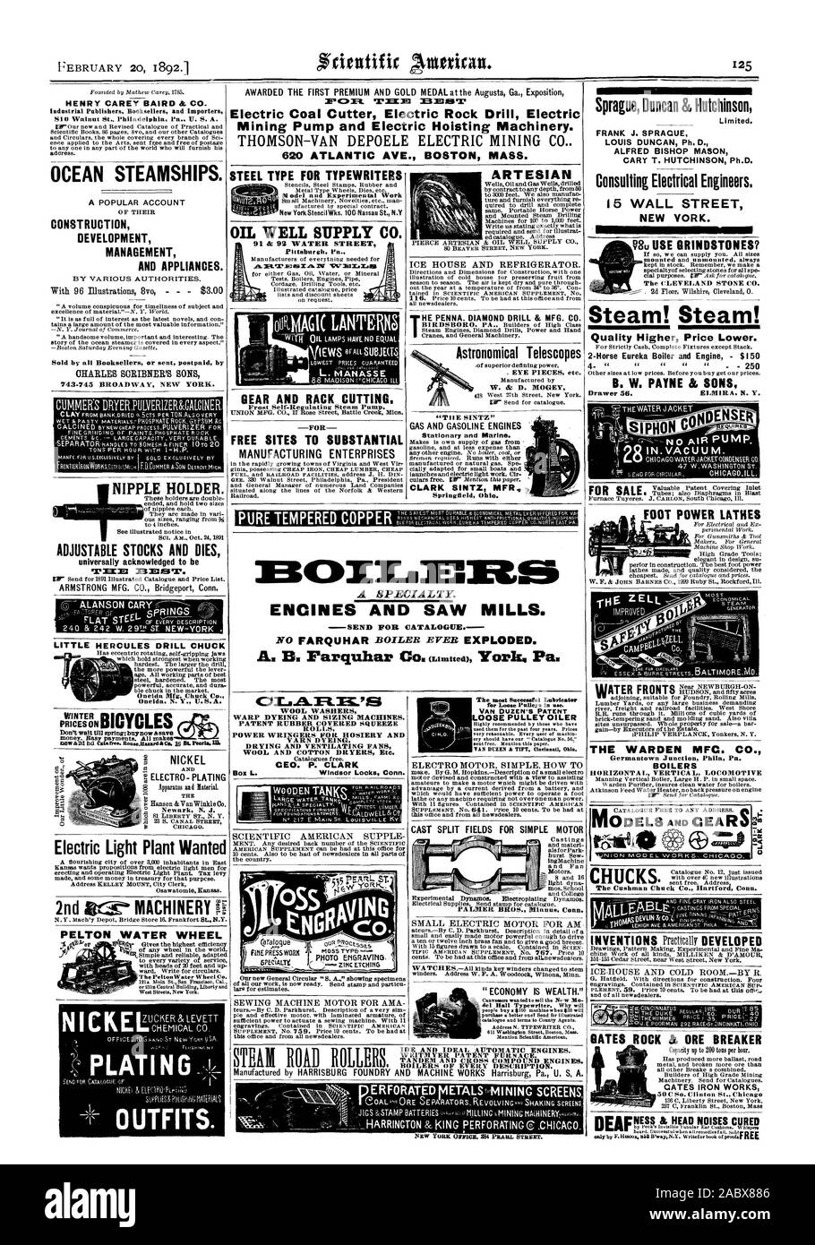 C 237 Franklin St. Boston MANDRINS DE MASSE OBTENU LE PREMIER PRIME ET MÉDAILLE D'or à l'exposition Augusta Ga Haveuse électrique perforateur électrique pompe électrique et électrique des machines de levage. THOMSON-VAN DEPOELE ÉLECTRIQUE C 620 Avenue de l'Atlantique. Masse de Boston. 313CIIIAMIZM UNE SPÉCIALITÉ. Des moteurs et des scieries. -Envoyer POUR LE A. B. Farquhar Co. (limitée) de New York. Pa. VAN DUZEN BREVET LA POULIE FOLLE OILER VAN DUZEN TIFT. Cincinnati (Ohio). L'IDE ET MOTEURS. AUTOMATIQUE IDÉAL WitITMYER FOUR BREVET. Et TANDEM COMPOSÉ DE MOTEURS. Chaudières de chaque description. Fabriqué par Banque D'Images