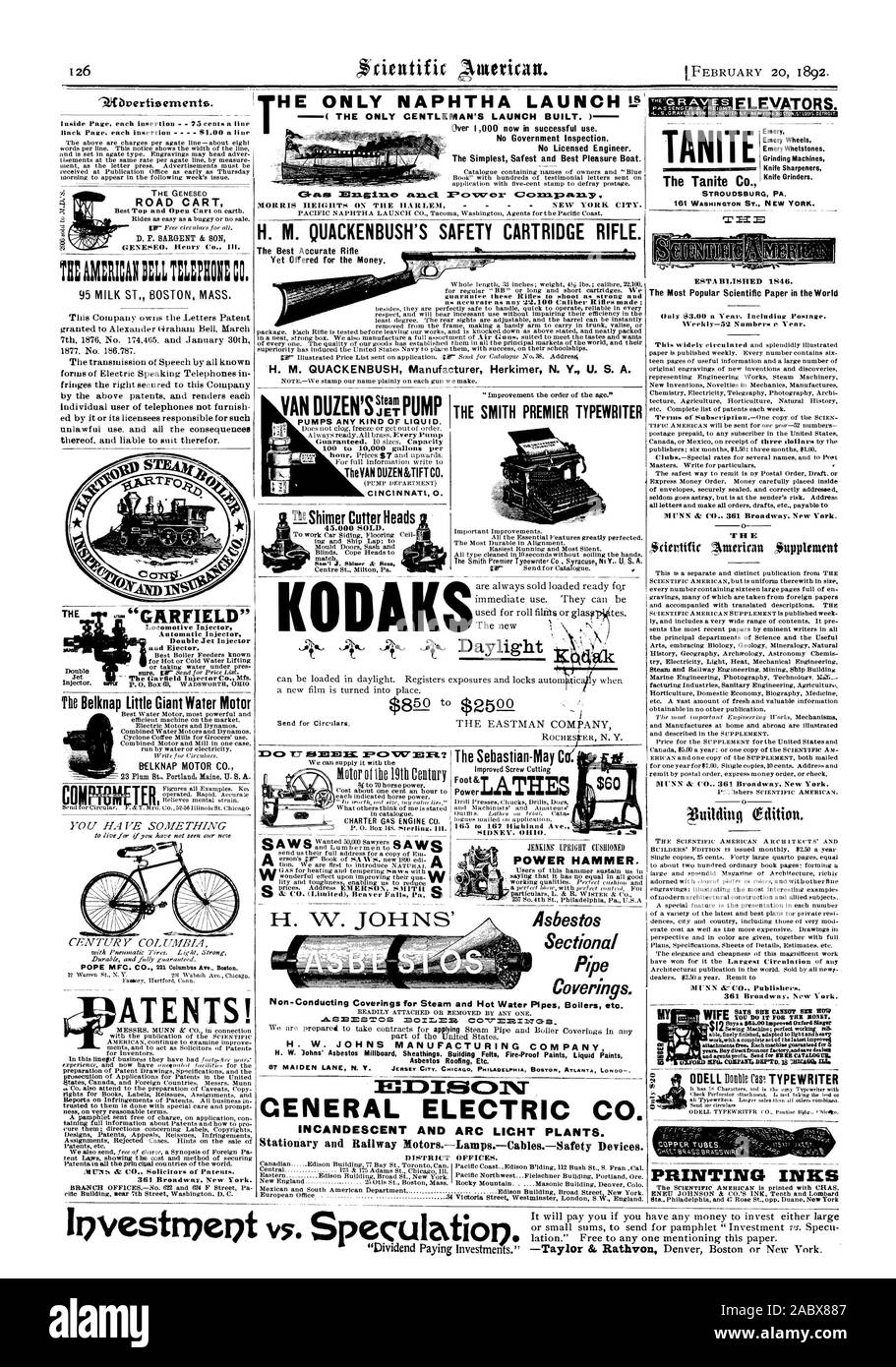 H. M. QUACKENBUSH CARTOUCHE DE SÉCURITÉ DU FUSIL. La meilleure carabine précise encore offert pour l'argent. ( Le seul lancement du construit. Pas d'inspection du gouvernement. Aucun permis de mécanicien. Le moyen le plus simple et le plus sûr meilleur navire de plaisance. VAN DEN'S = POMPES POMPE TOUT TYPE DE LIQUIDE. Têtes de coupe naphta Shimer seulement lancer 0' LE SMITH PREMIER TYPEWRITER GENERAL ELECTRIC CO. ET ARC INCANDESCENT LICHT PLANTES. Fer MotorsLampsCablesSafety stationnaire et appareils. Les revêtements de tuyaux. Non-Conducting pour revêtements de tuyaux d'eau chaude et vapeur chaudières etc. H. W. JOHNS MANUFACTURING COMPANY Roofing Amiante Etc. '°'TOURS AUTOMATIQUES Banque D'Images