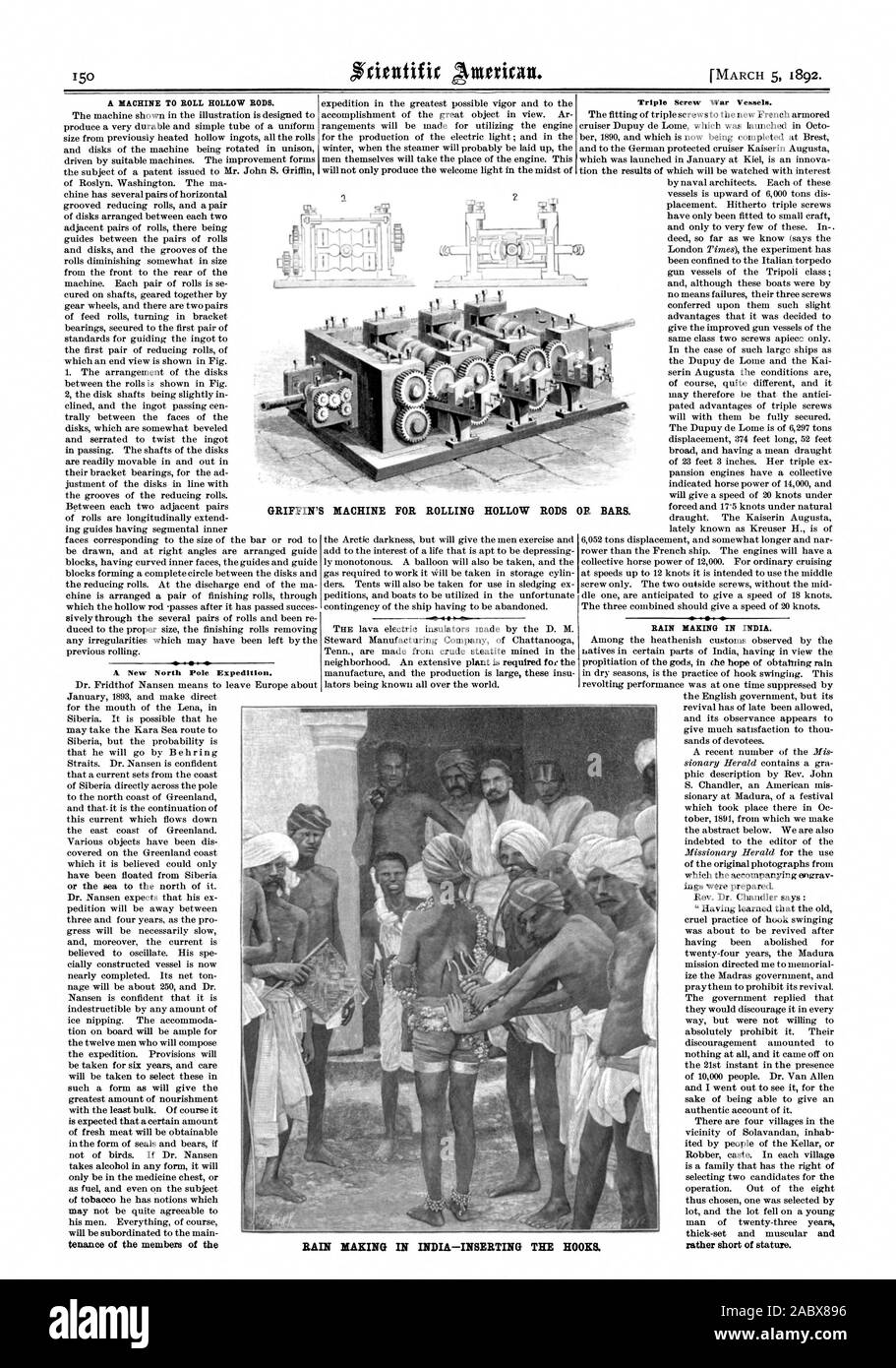 Une machine à rouler les tiges creuses. Une nouvelle expédition au pôle Nord. Les navires de guerre vis triple. De PLUIE EN INDE. GRIFFIN'S MACHINE pour plier les tiges creuses ou des oreilles. De PLUIE EN INDE - l'INSERTION DES CROCHETS, Scientific American, 1892-03-05 Banque D'Images