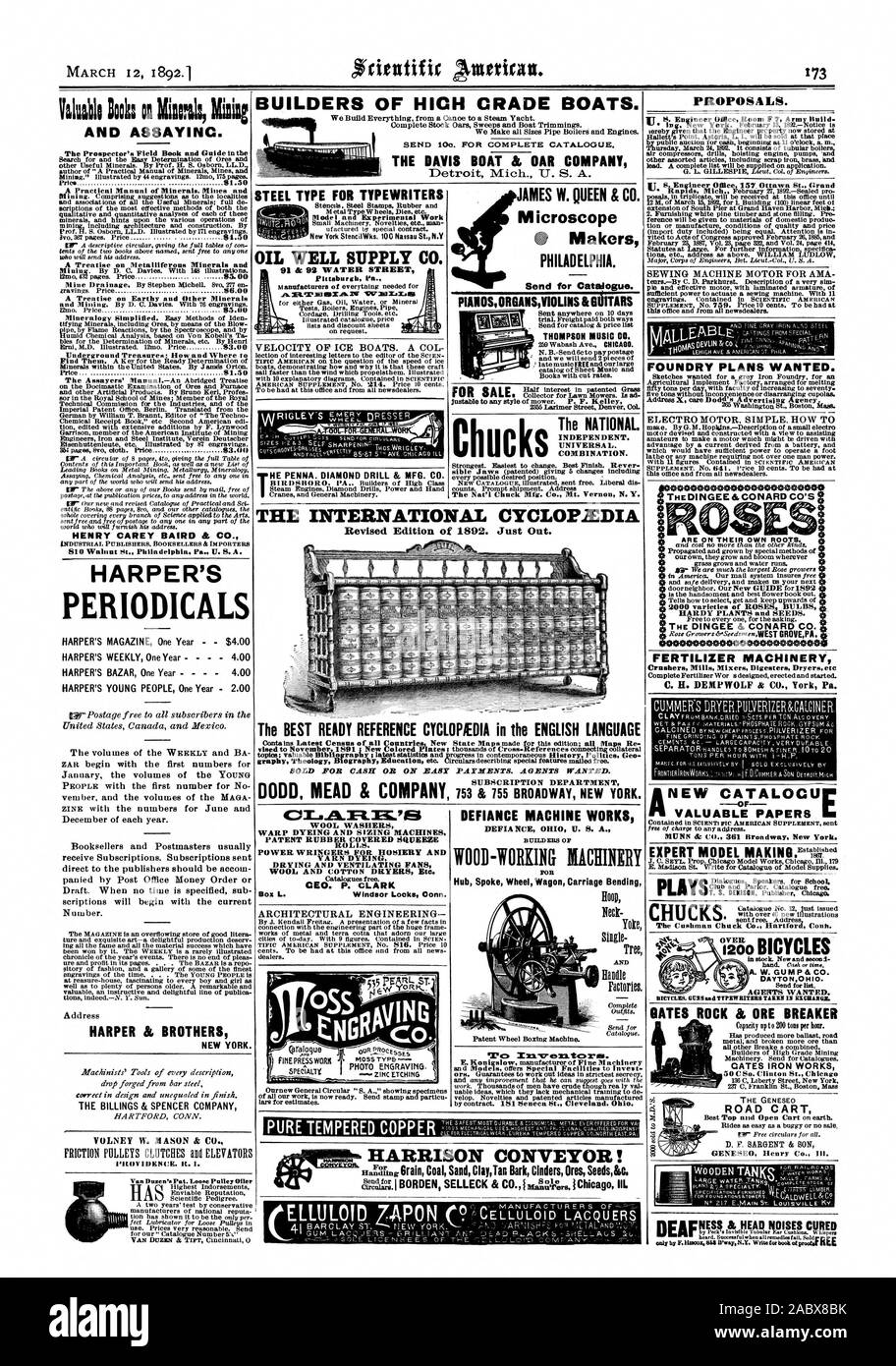 Nouvelles machines d'engrais joue le CATALOGLIC 1967 Chuck Co. Hartford Conh. Modèle de mandrins et travail expérimental JAMES W. QUEEN & CO. CO Microscope Décideurs Philadelphie. Pour envoyer un catalogue. THOMPSON MUSIC CO. DE PIED LE NATIONAL. Indépendant. Universel. Combinaison. La Nat'l Chuck Mfg Co. Mt. Vernon N. Y. À VENDRE L'INTERNATIONAL CYCLOP1ÉDIA édition révisée de 1892. Juste à la sortie. La meilleure référence CYCLOPEDIA EN LANGUE ANGLAISE SONT VENDUS POUR DE L'ARGENT OU SUR LES PAIEMENTS faciles. Les agents voulaient. Service d'abonnement de CUIVRE TREMPÉ PUR CONVOYEUR HARRISON !, Scientific American, 92-03-12 Banque D'Images