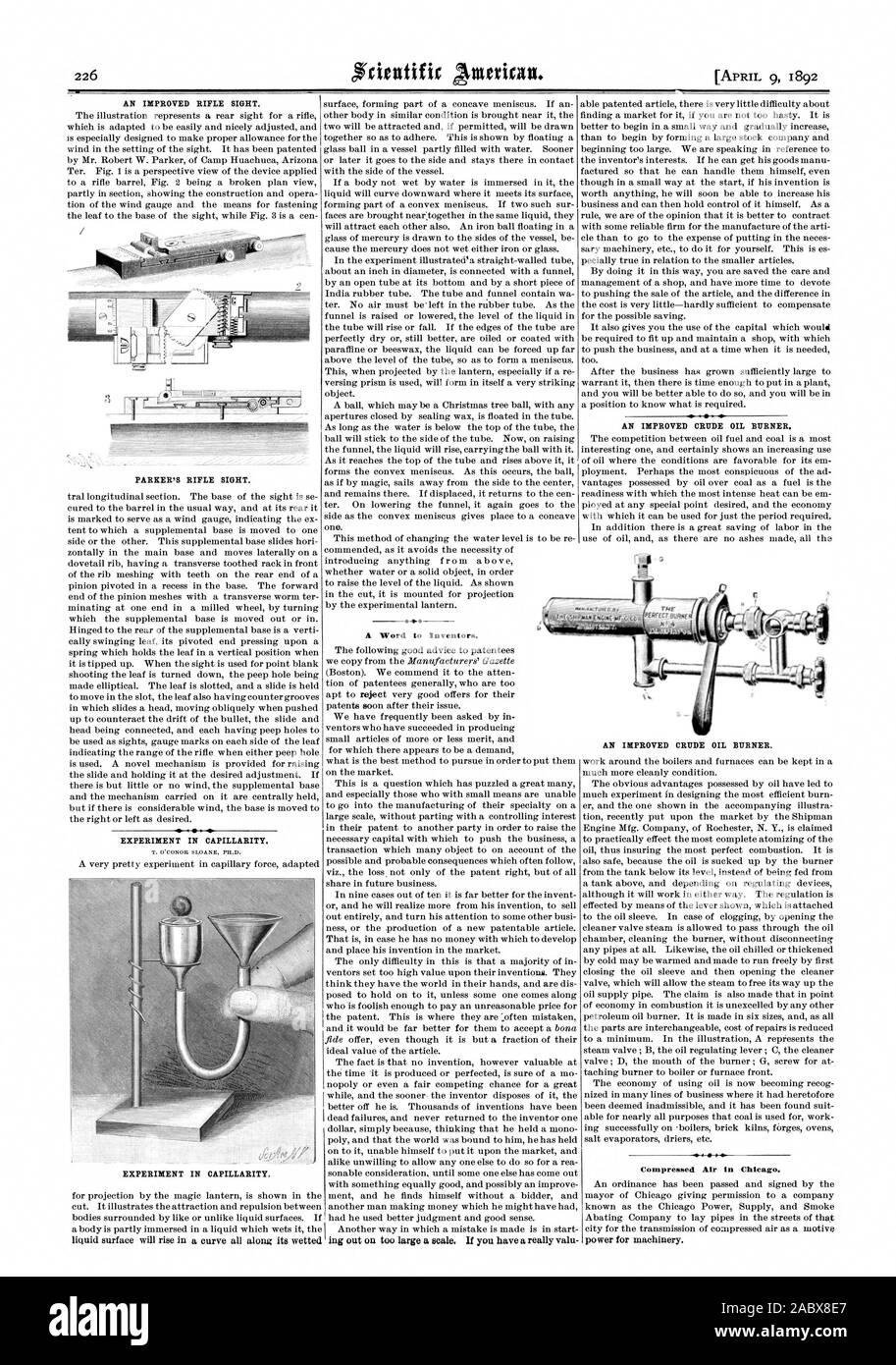 L'amélioration de la vue de fusil. PARKER'S RIFLE SIGHT. Expérience de la capillarité. Un mot pour les inventeurs. L'AMÉLIORATION DU BRÛLEUR DU PÉTROLE BRUT. L'air comprimé à Chicago. Expérience de la capillarité. L'amélioration de l'huile brut. brûleur, Scientific American, 1892-04-09 Banque D'Images
