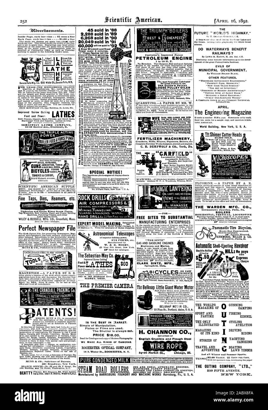 Vision de l'Aermotor et Tours. ROCK DRILLS COMPRESSEURS AIR PUR Lait condensé des télescopes astronomiques et IDE AUTOMATIQUE IDÉAL DES MOTEURS. ITMYER UR WF F BREVET LA NACE. J'AI JAMAIS DE CHAUDIÈRES V DESCRIPTION. Chacun est garanti. KIRKWOOD MILLER & CO. 16 Peoria dans l'Illinois du Sud 5,50 $ Prix régulier anti-calcaire double action MAGAZINE 01' LE SEUL PASSE-TEMPS ILLUSTRATED MAGAZINE DU GENRE DES HISTOIRES DE VOYAGES ET AVENTURES, Scientific American, 1892-04-16 Banque D'Images