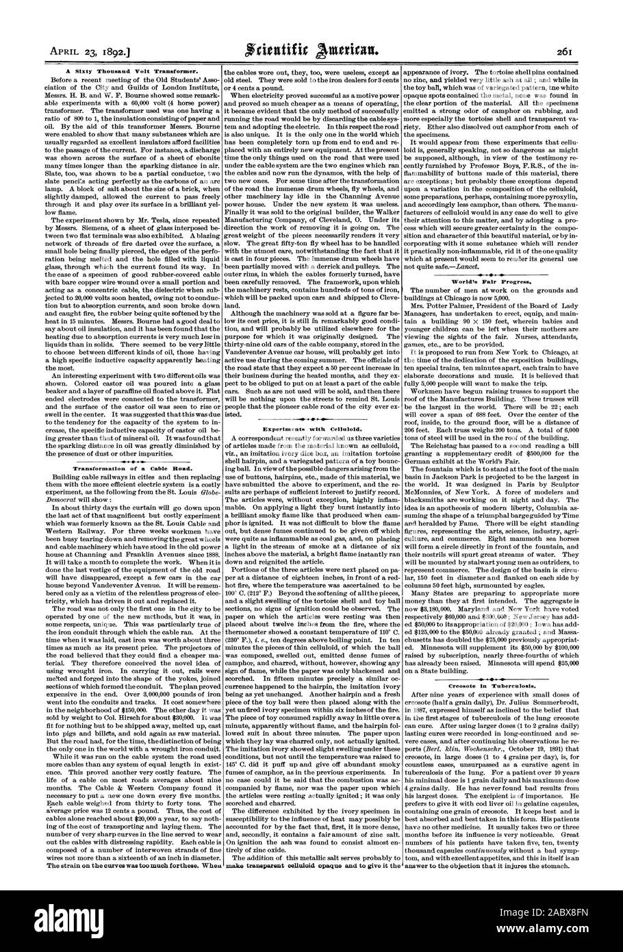 23 avril 1892. Un transformateur de 60 000 volts. Transformation d'un chemin de câble. L'expérimentation de celluloïd. rendre transparent opaque celluloïd et de lui donner l'Exposition mondiale des progrès. La créosote en 4. La tuberculose, Scientific American, 1892-04-23 Banque D'Images