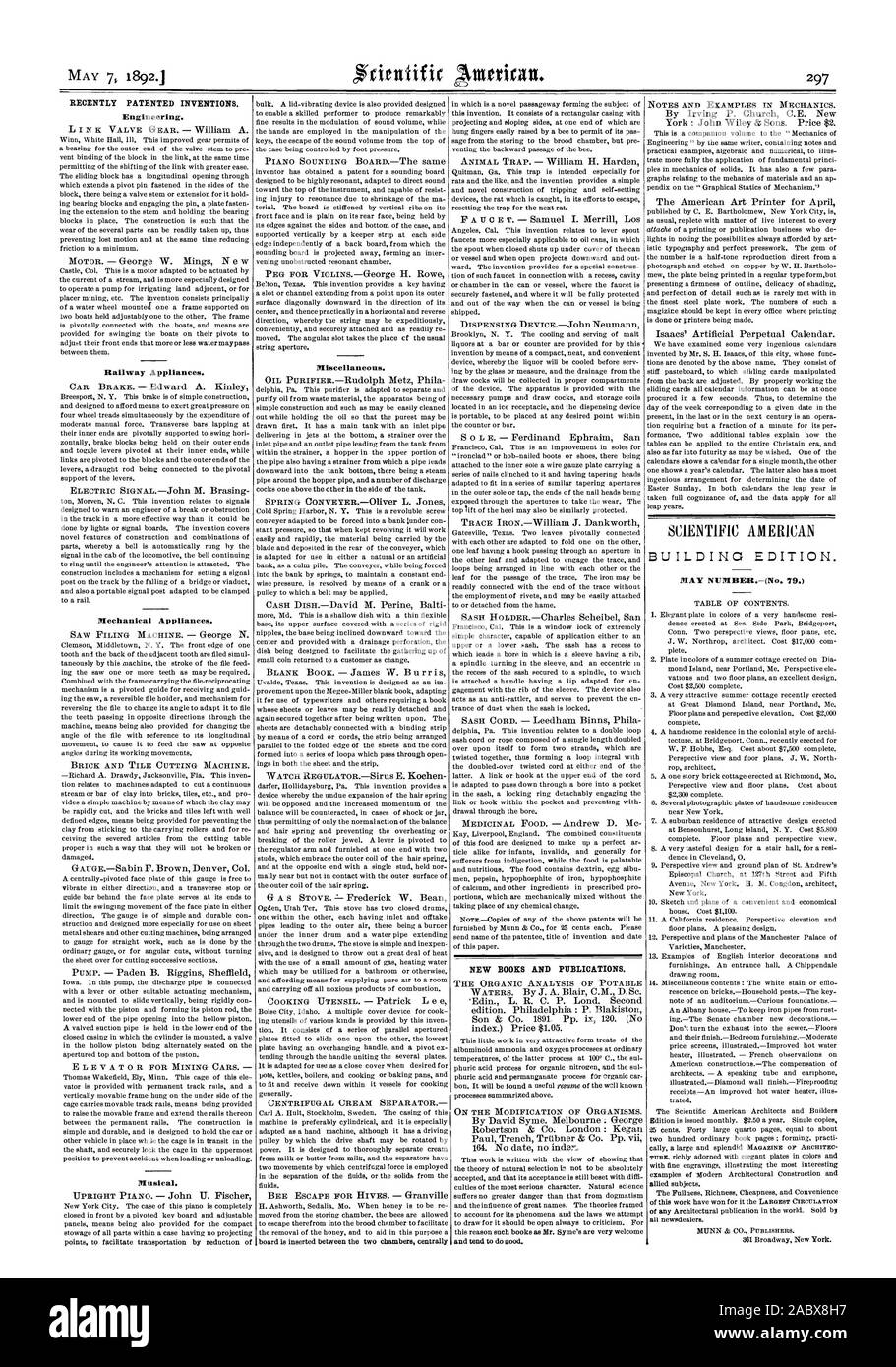 Récemment les inventions brevetées. L'ingénierie. De nouveaux livres et de publications. NUMISER(N 79 MAI.), Scientific American, 1892-05-07 Banque D'Images