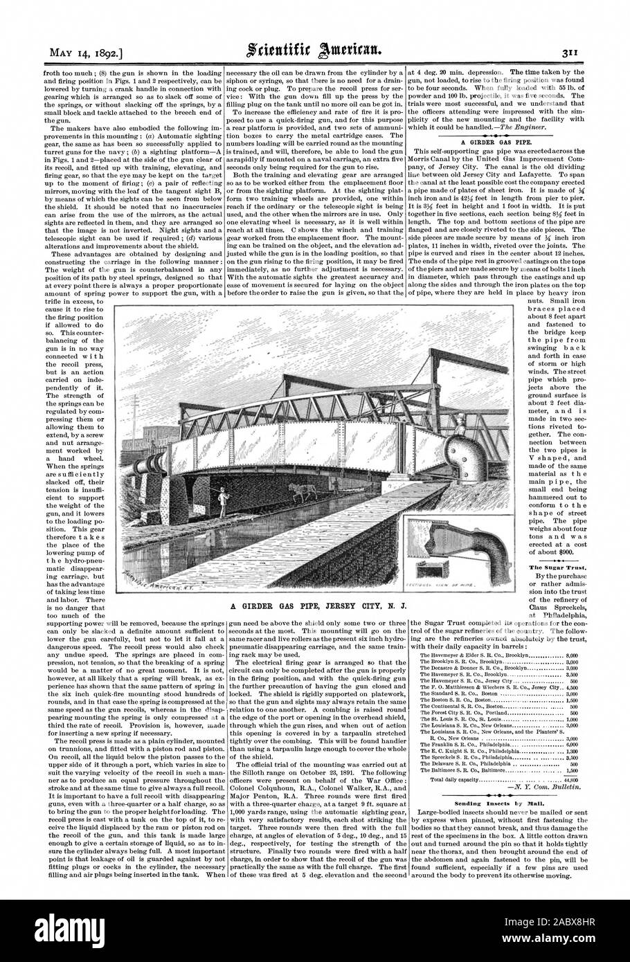 Poutre d'UN TUYAU DE GAZ. Un tuyau de gaz POUTRE JERSEY CITY N. J. . Le Trust du sucre. L'envoi par la poste. Les insectes, Scientific American, 1892-05-14 Banque D'Images