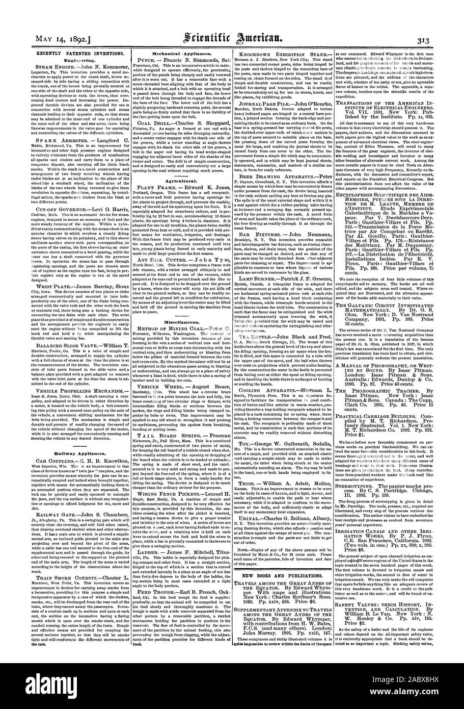 Récemment les inventions brevetées. L'ingénierie. Mécanisme de propulsion du véhicule.- Appareils de fer. les voitures. Appareils mécaniques. Agricole. Divers. L'alimentation. STAND D'EXPOSITION DE DESSIN DE RABATTEMENT DE LA BIÈRE de l'appareil.-Peter NOUVEAUX LIVRES ET PUBLICATIONS. Voyages PARMI LES GRANDS ANDES DE L'ANNEXE SUPPLÉMENTAIRE DE VOYAGES PARMI LES GRANDS DE L'ANDES Ces somptueuses et volumes richement illustré, c'est tout à fait impossible d'examiner dans les limites de l'espace à notre disposition. Edward Whymper est le premier homme tain l'escalade dans l'Amérique du Sud est tout simplement fascinant. Difficultés rencontrées à Thedesperate.Ces Banque D'Images