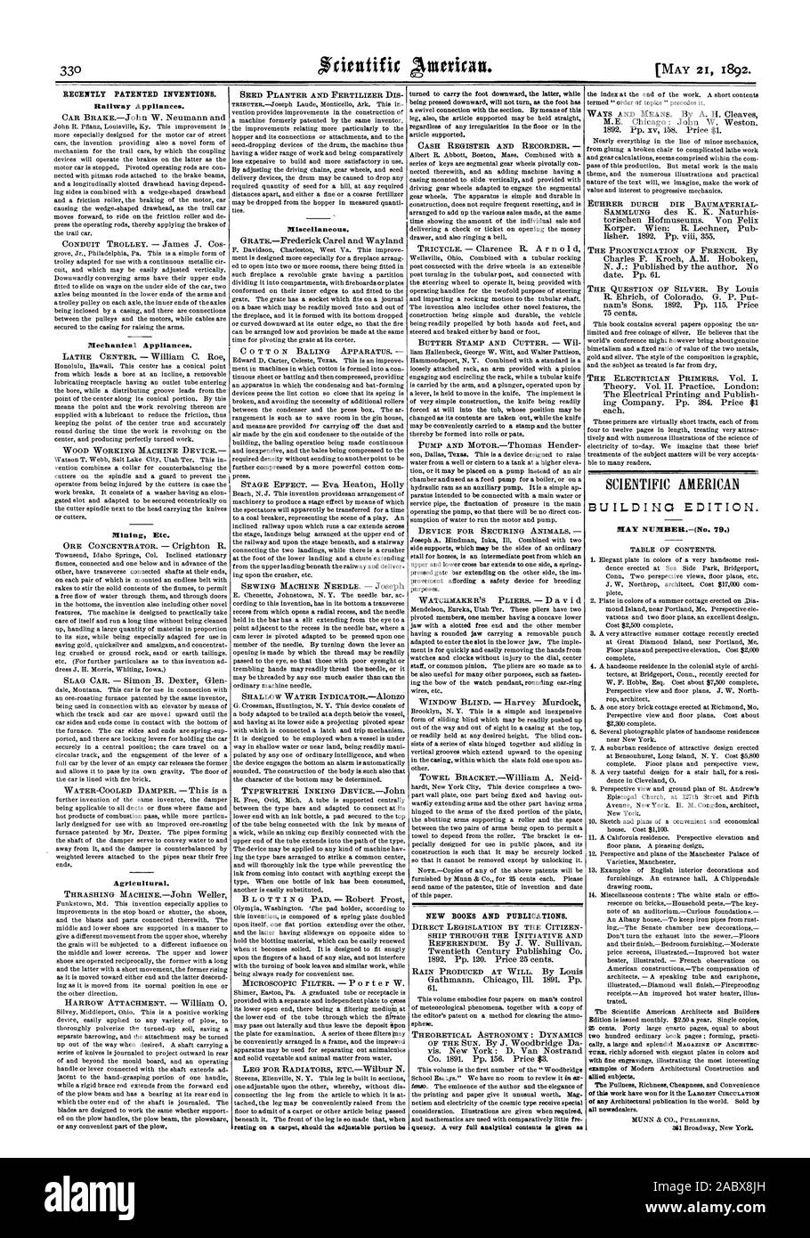 Récemment les inventions brevetées. De nouveaux livres et de publications. Édition du bâtiment. Numéro de mai.-(no 79.), Scientific American, 1892-05-11 Banque D'Images