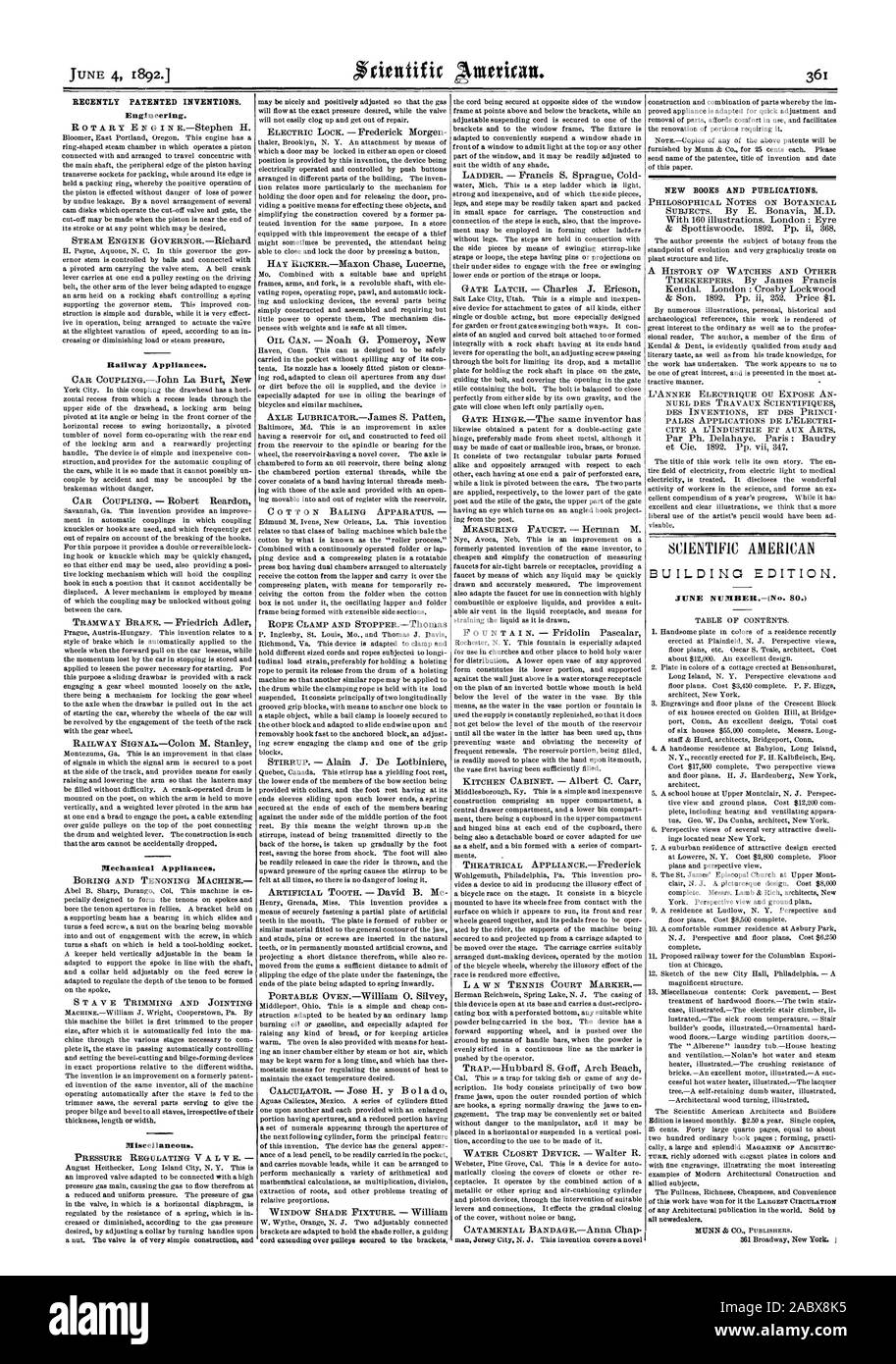 Récemment les inventions brevetées. De nouveaux livres et de publications. NUDIBER JUIN, Scientific American, 1892-06-04 Banque D'Images