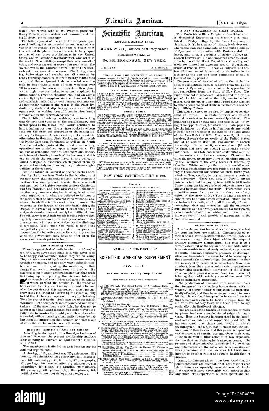 TABLE DES MATIÈRES DU N° 861. Pour la semaine se terminant le 2 juillet 1892. SCIENTIFIC AMERICAN SUPPLÉMENT I 4m le rafistolage de la manivelle. Institut des Arts et Sciences de Brooklyn. Les BACTÉRIES de l'acide nitrique. MST.A.BLISI-I1) 1845. No 361 BROADWAY NEW YORK. Conditions POUR LE SCIENTIFIC AMERICAN. 00 50 00 Edition de construction., 1892-07-02 Banque D'Images