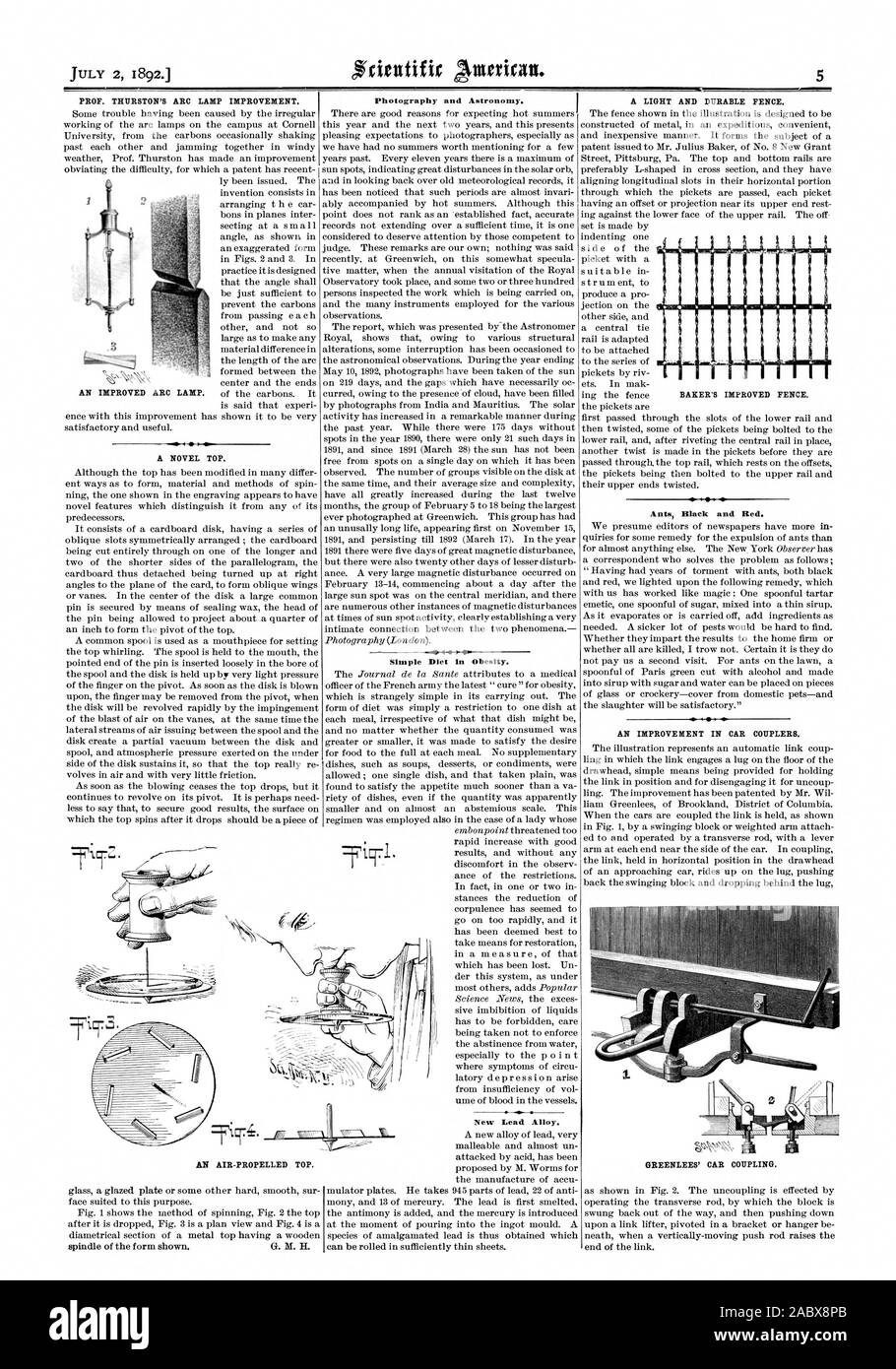 PROF. Lampe à ARC DE THURSTON l'amélioration. Un nouveau sommet. La photographie et l'astronomie. Alimentation simple dans l'obésité. Nouvel alliage de plomb. Une clôture légère et résistante. Les fourmis rouge et noir. L'AMÉLIORATION DE LA VOITURE LES RACCORDS. GREENLEES' LOCATION DE COUPLAGE. BAKER'S IMPROVED CLÔTURE., Scientific American, 1892-07-02 Banque D'Images