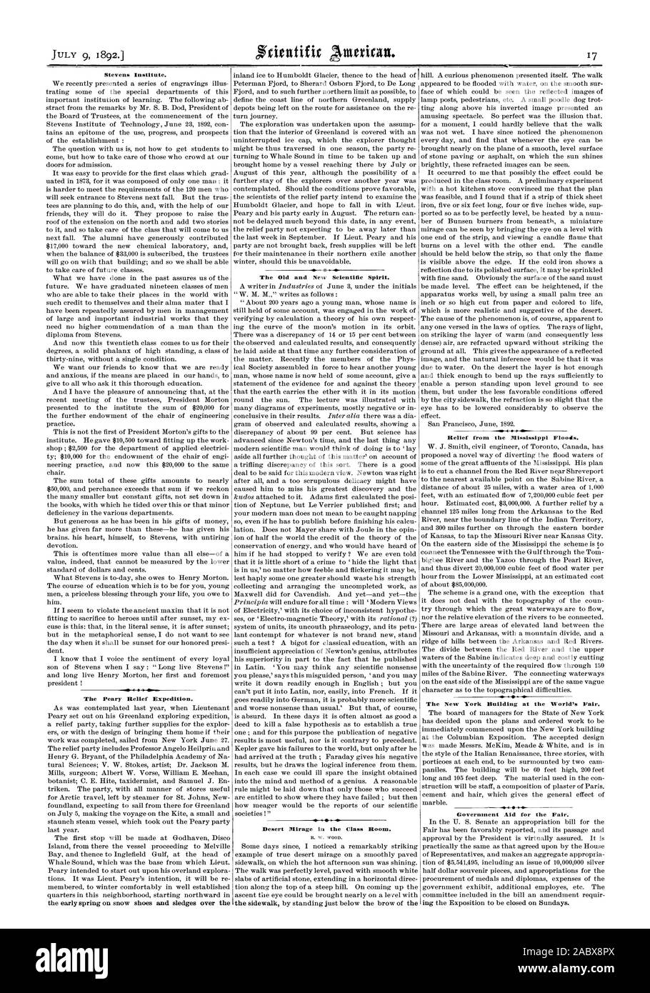 Desert Mirage dans la salle de classe. R. W. le bois. Stevens Institute. L'expédition de secours de Peary. Le soulagement de la inondations du Mississippi. Le nouveau bâtiment de New York à l'Exposition Universelle. L'aide du gouvernement pour la foire. L'ancien et le nouvel esprit scientifique., Scientific American, 1892-07-09 Banque D'Images