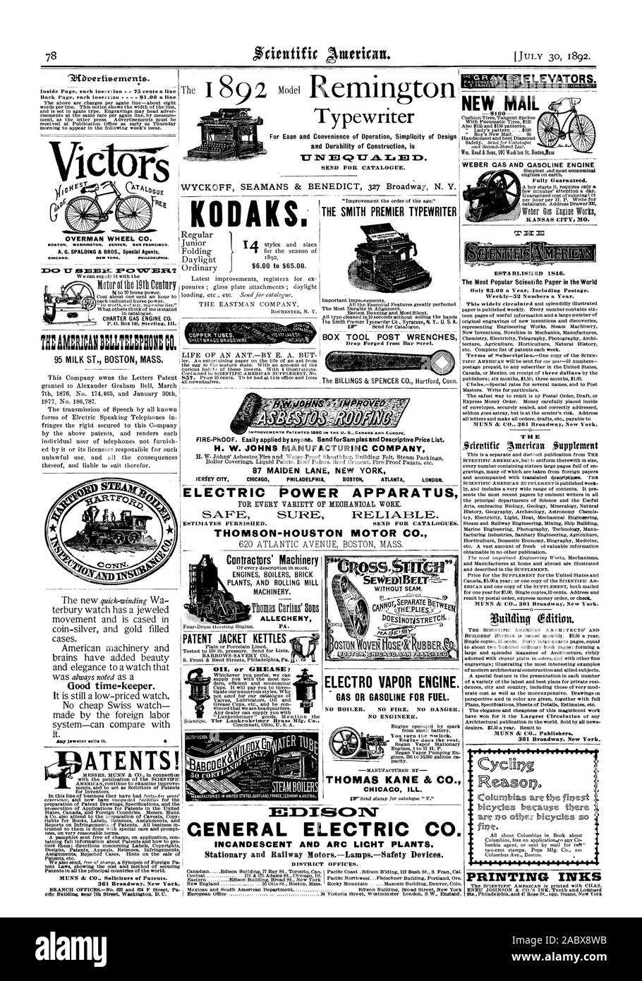 ViCIOTS Remington Typewriter 'E'G RAVES' ascenseurs. Bon temps-keeper. Moteur à gaz CHARTE CO. ATENTS ! KODAKS. CO. 95 ST LAIT. Masse de Boston. Pour plus de facilité d'utilisation simplicité de conception et la durabilité de la construction est LE PREMIER OUTIL DE MACHINE À ÉCRIRE SMITH CLÉS POST ELECTRIC POWER APPAREILS POUR CHAQUE VARIÉTÉ D'MEOHANIOAL TRAVAIL. Veste BREVET BOUILLOIRES JERREY AMÉLIORATIONS VILLE 1890 breveté aux États-Unis AU CANADA ET EN EUROPE. Société MANUFACTURINC H. W. JOHNS 87 MAIDEN LANE NEW YORK ATLANTA BOSTON PHILADELPHIE CHICAG THOMSON-HOUSTON MOTOR CO. Contractors' MOTEURS MACHINES BOILERS Banque D'Images