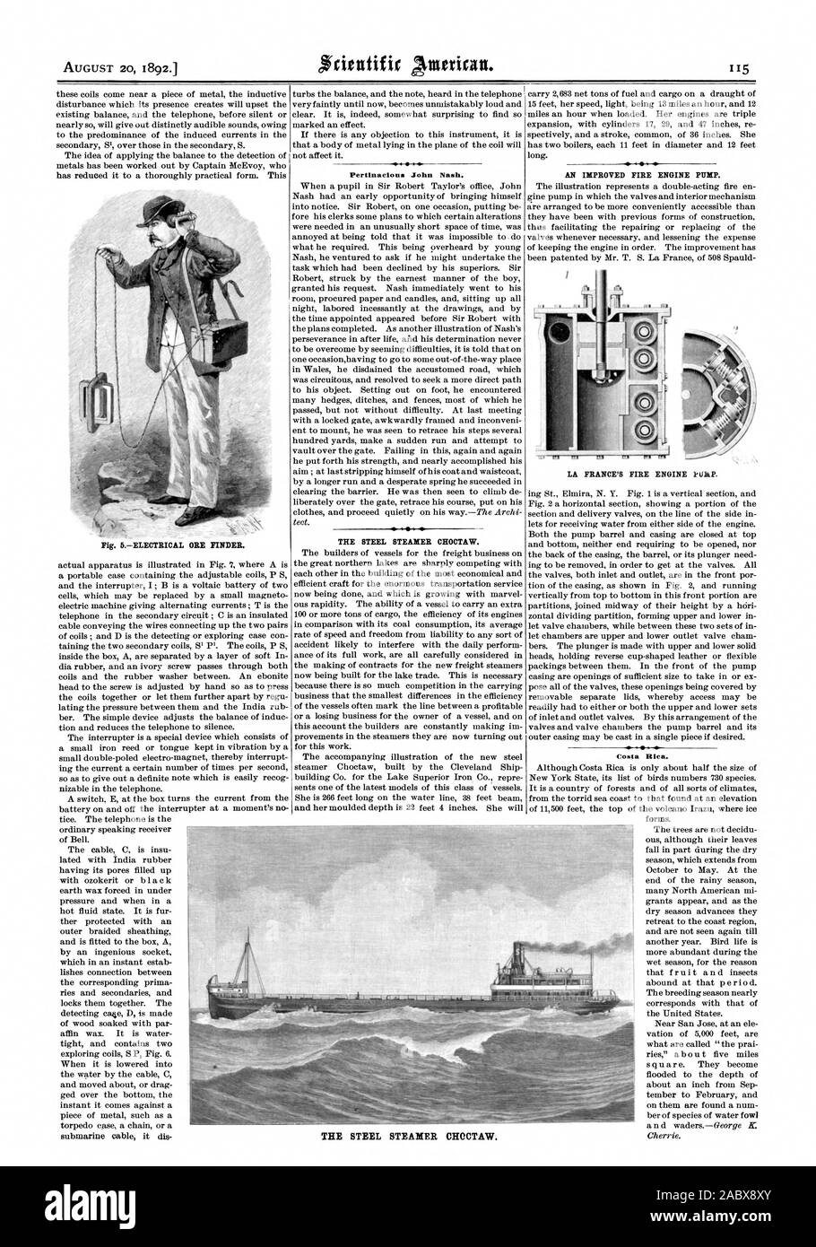 Le 20 août 1892. Pertinacious John Nash. Le BATEAU À VAPEUR EN ACIER CHOCTAW. L'AMÉLIORATION DE LA POMPE À INCENDIE. Costa Rica. Le bateau à vapeur en acier. CHOCTAW, Scientific American, 1892-08-20 Banque D'Images