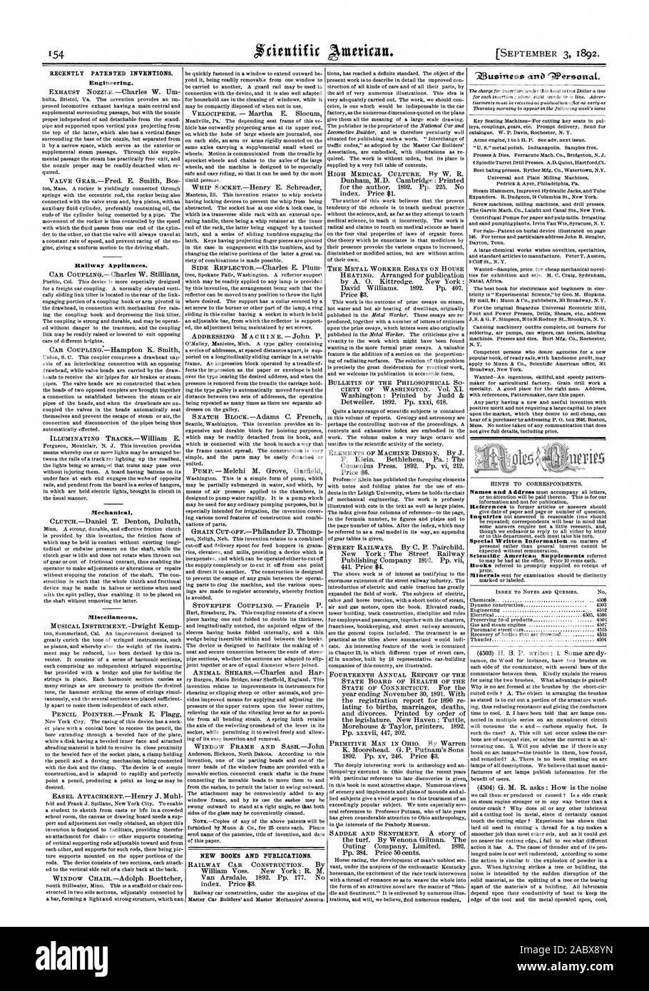 Récemment les inventions brevetées. L'ingénierie. Nouveaux LIVRES ET PUBLICATIONS., Scientific American, 1892-09-11 Banque D'Images