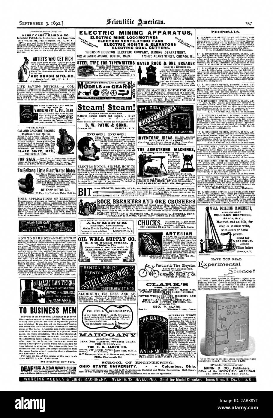 Profondément ou puits peu profonds avec de la vapeur ou l'électricité. Envoyer pour c atalogue. Ère Amerces. Appareil électrique THOMSON-HOUSTON ELECTRIC COMPANY département minier. 22 avenue de l'Atlantique MASSE BOSTON. 173-175, rue ADAMS MAUVAIS CHICAG BRIDGEPORT GUN METTRE EN ŒUVRE C 315 Broadway. New York BRISE ROCHE ET DE CONCASSEURS DE MINERAI ENGINEERING, Scientific American, 1892-09-03 Banque D'Images