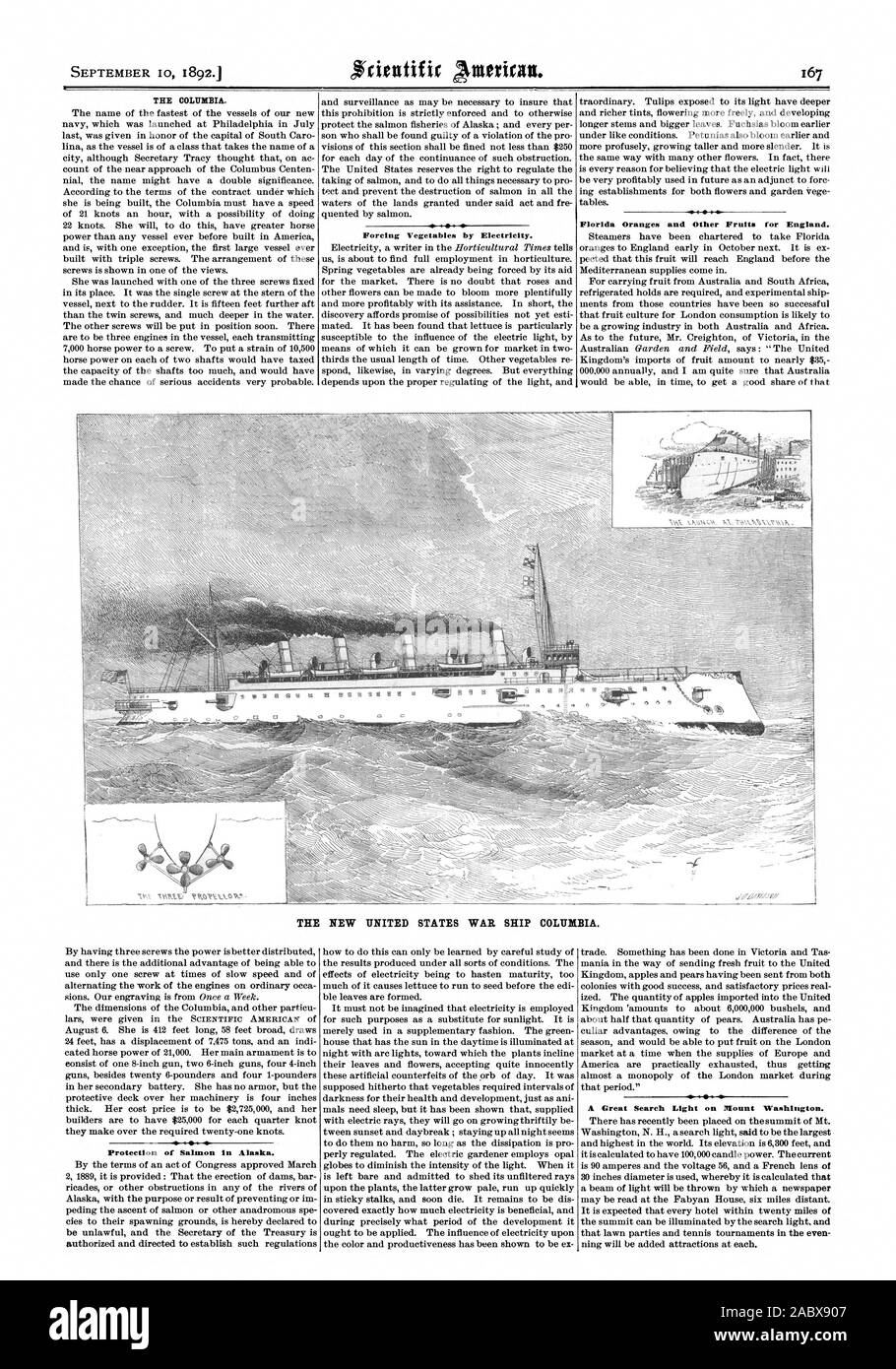 La Colombie-Britannique. Forcer les légumes à l'électricité. Oranges de Floride et d'autres fruits pour l'Angleterre. Le NOUVEAU NAVIRE DE GUERRE DES États-unis COLUMBIA. Protection du saumon en Alaska. Une grande recherche de la lumière sur le mont Washington., Scientific American, 92-09-10 Banque D'Images